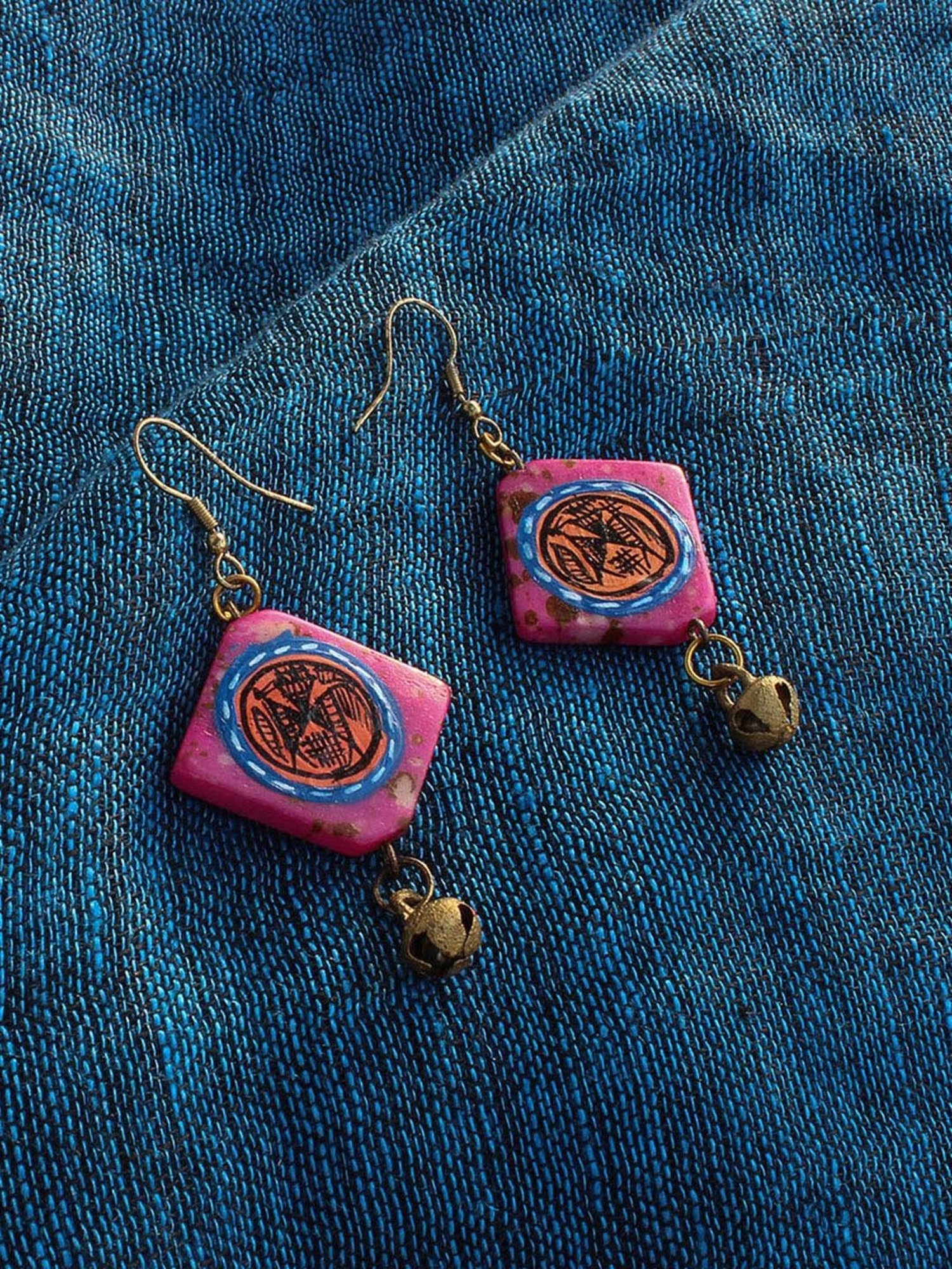 ExclusiveLane 'Tribal Warli Squares' Punch Pink & Orange Resin Brass Earrings in Warli Art
