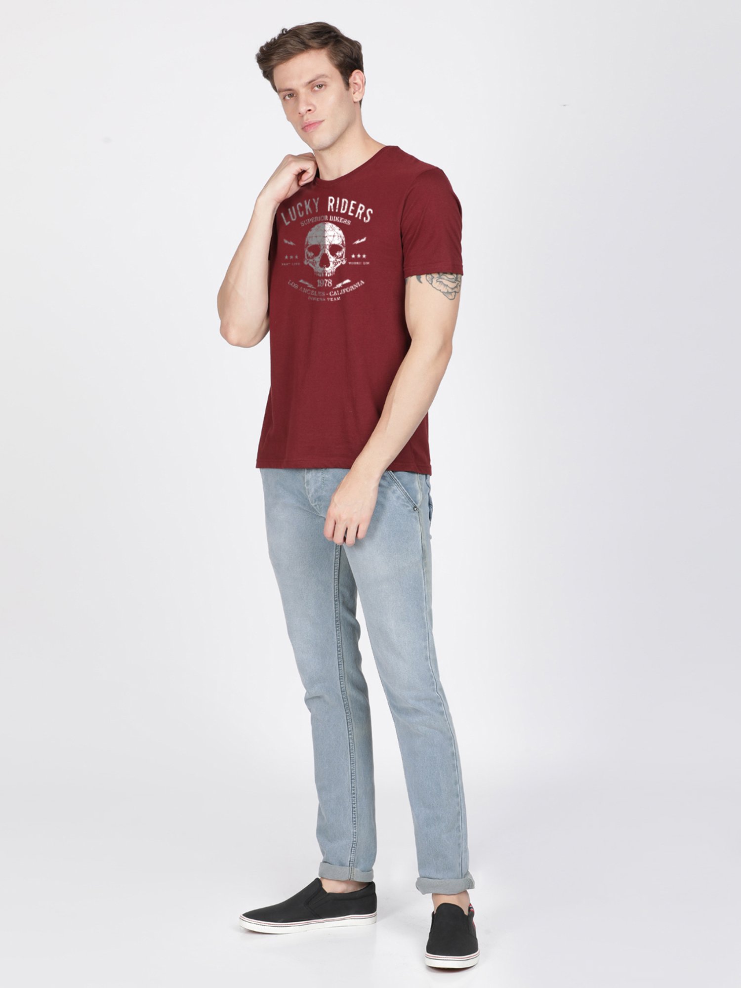 BLACK RADIO Maroon Slim Fit Printed Cotton Crew T-Shirt