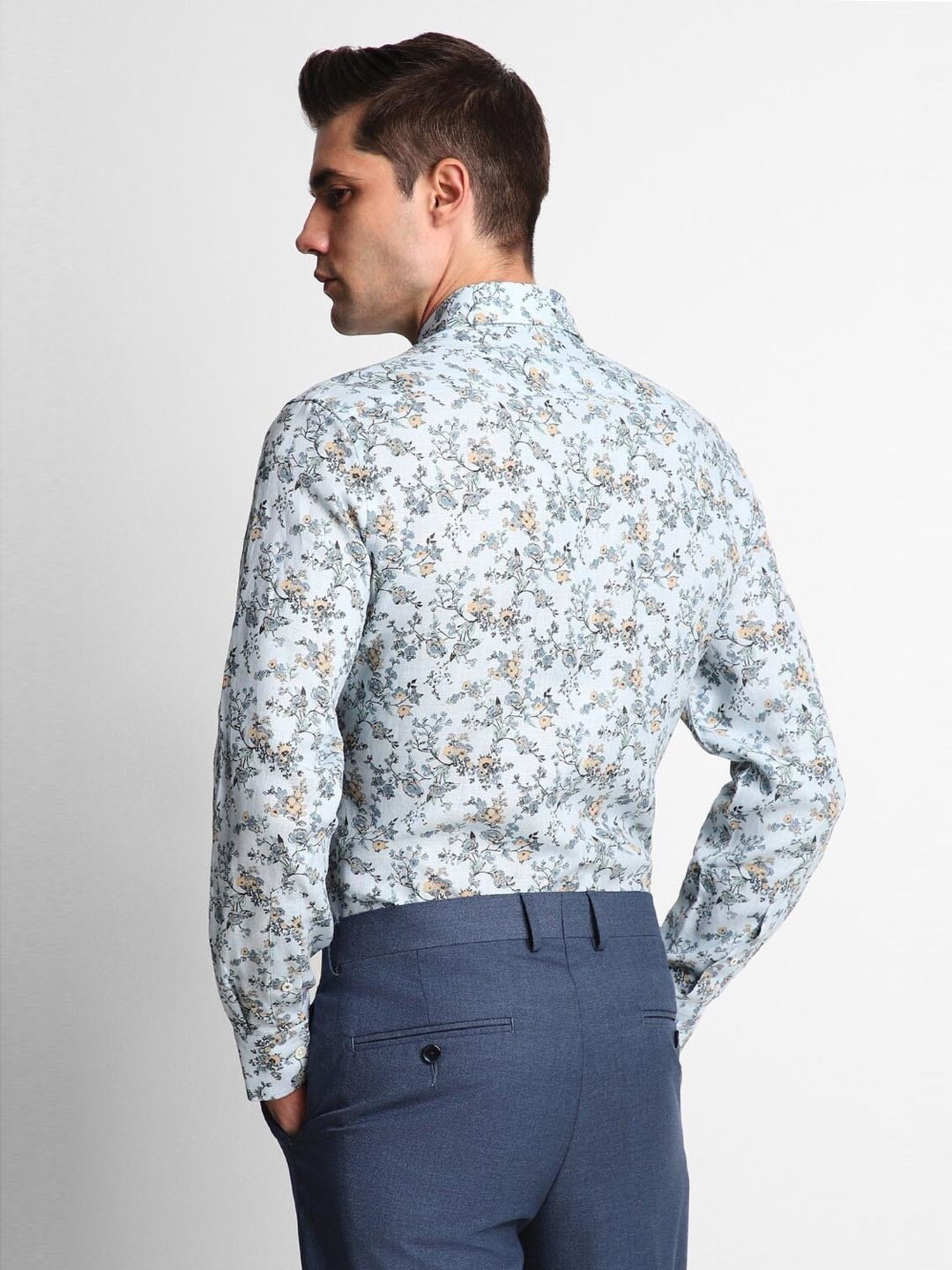 Luxure By Louis Philippe Blue Linen Regular Fit Printed Shirt