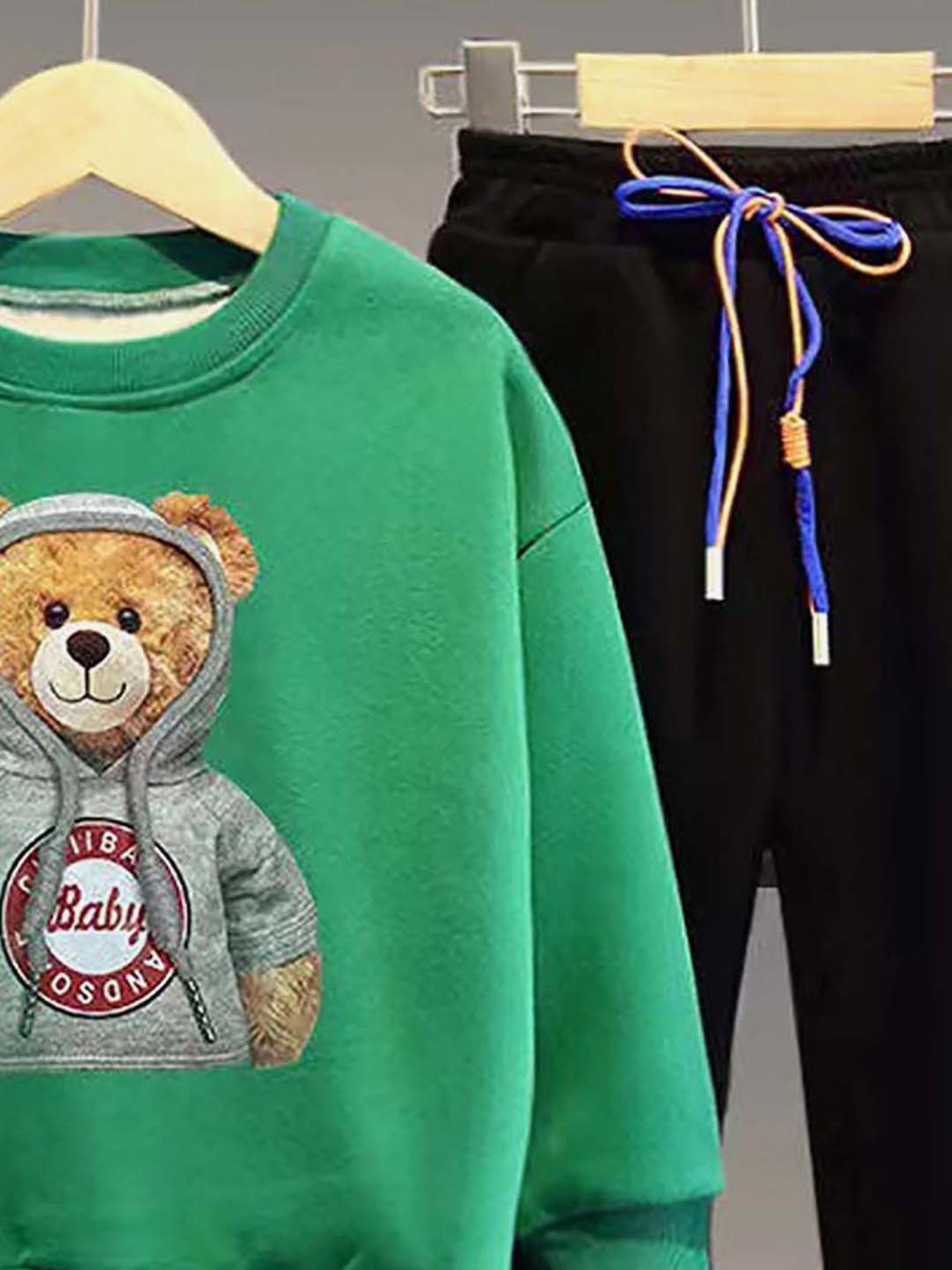 Little Surprise Box Kids Green & Black Applique Full Sleeves Sweatshirt Set