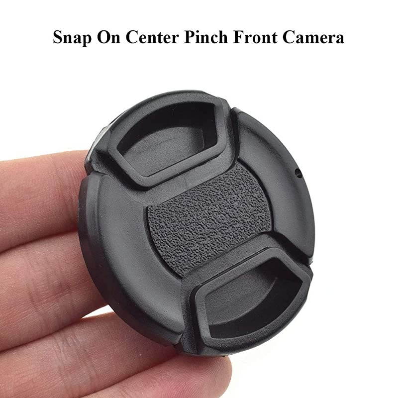 Lens Cap 52mm Snap On Center Pinch Front Camera Lens Cover Solid Plastic for Nikon Canon Sony DSLR Black Easy On Off No Dislodged with Keeper String Center Pinch for Hood 2 Pack