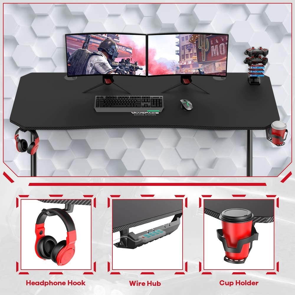 55 Inch Ergonomic Gaming Desk with Free Mouse Pad, Z-Shaped Office Desk PC Computer Desk Racing Gaming Table Gamer Workstation with Cup Holder & Headphone Hook, Cable Manage