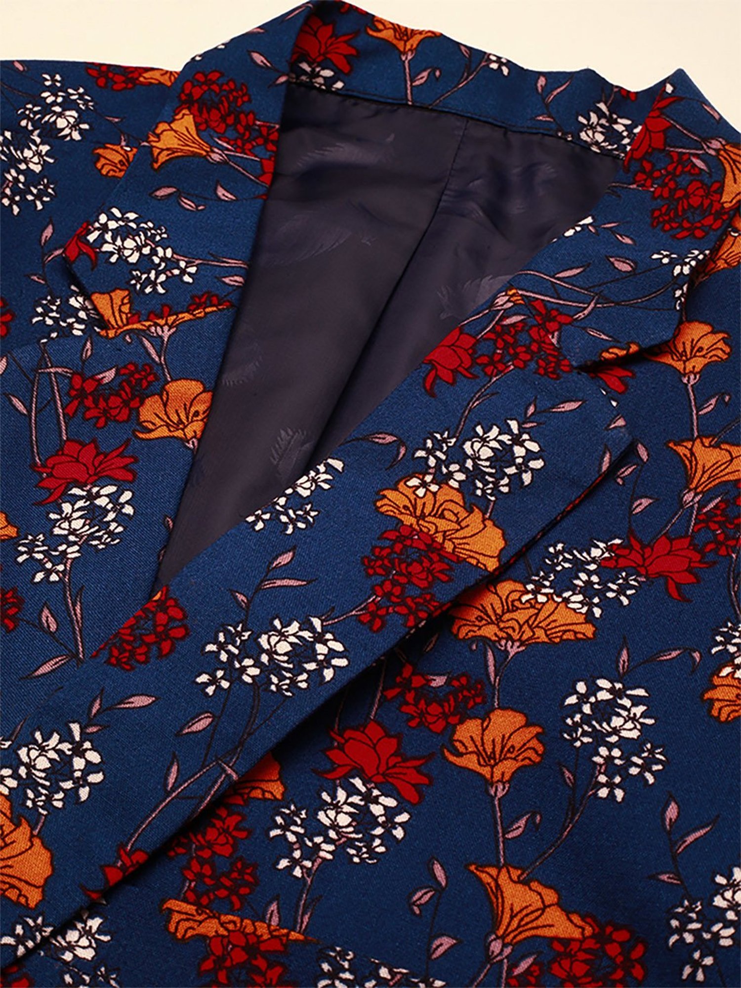 SHOWOFF Navy Blue Cotton Slim Fit Floral Print Blazer