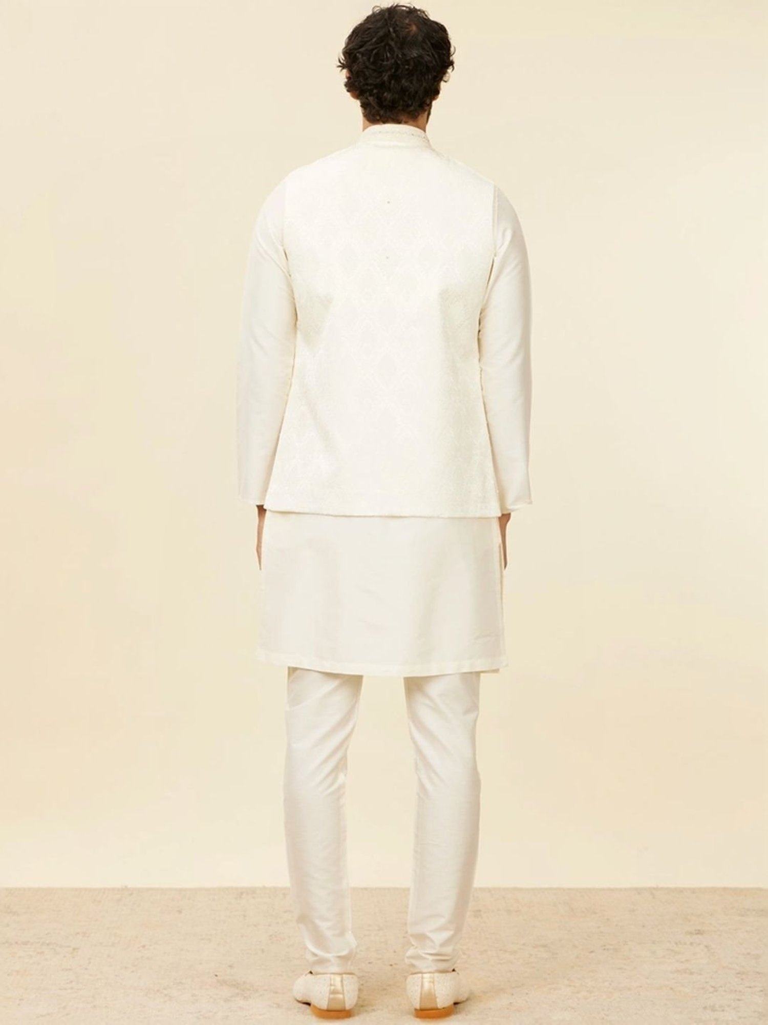 Manyavar Warm White Embroidered Nehru Jacket