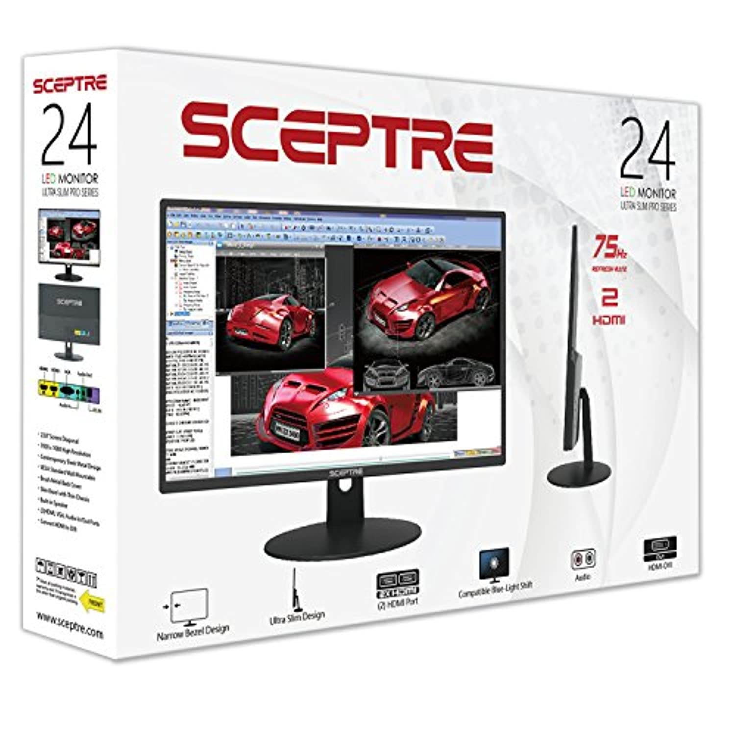 Sceptre E248W-19203R 24" Ultra Thin 75Hz 1080p LED Monitor 2x HDMI VGA Build-in Speakers, Metallic Black 2018 (E248W-19203R)