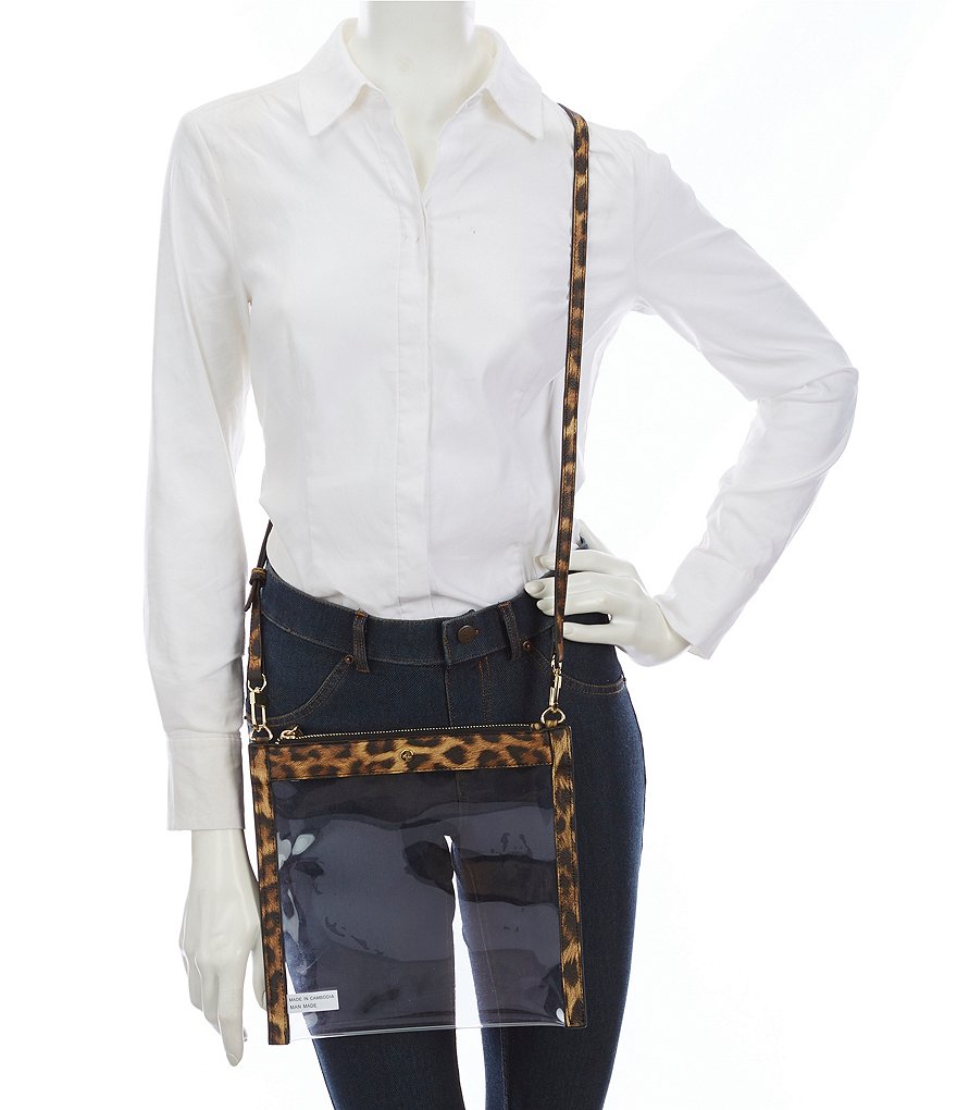 Kate Landry Clear Top Zip Leopard Trim Crossbody Bag