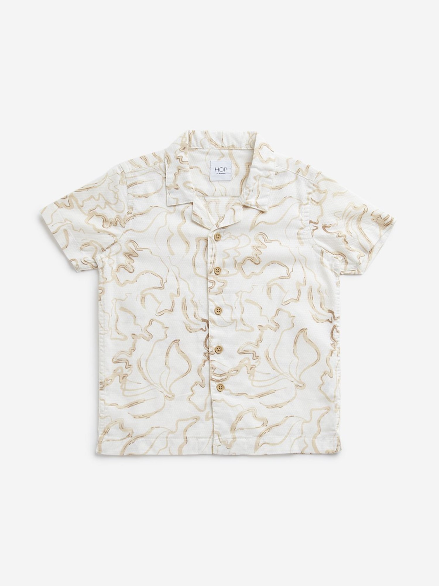 HOP Kids by Westside Beige Marble Print Resort-Fit Cotton Shirt