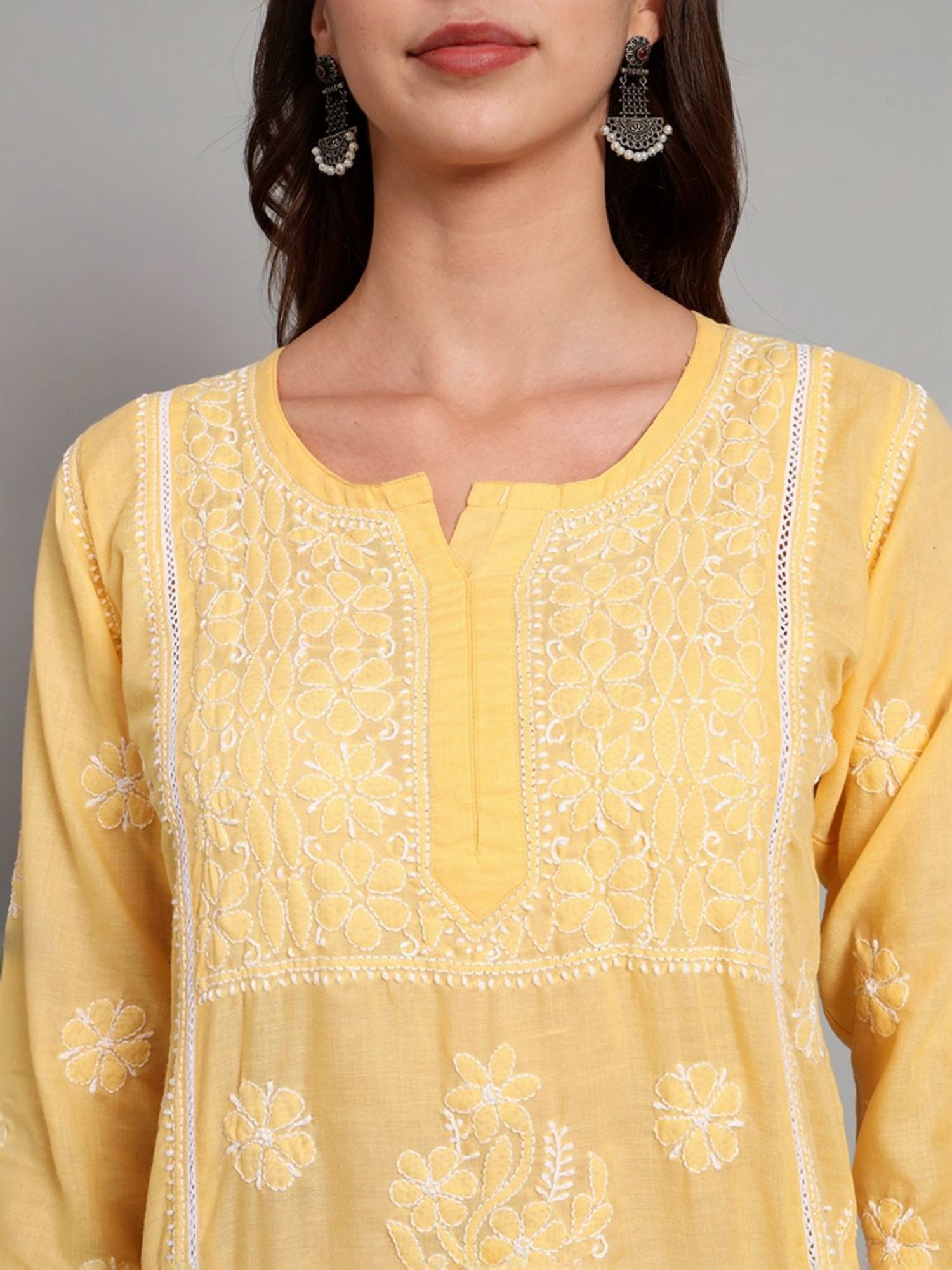 PARAMOUNT CHIKAN Citrine Yellow Cotton Hand Embroidered Chikankari Straight Kurti