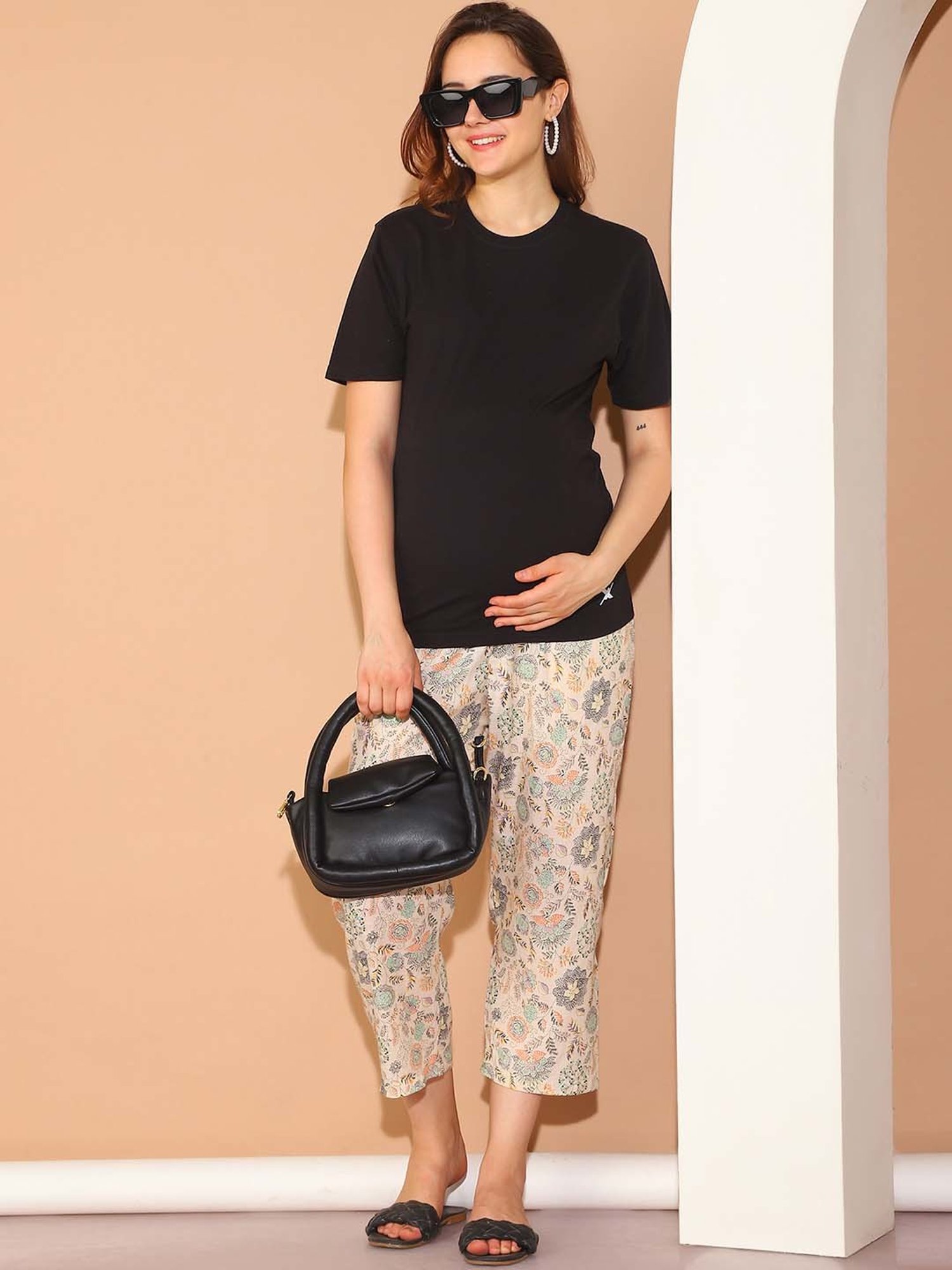 Moms Maternity Beige Floral Print Maternity pants