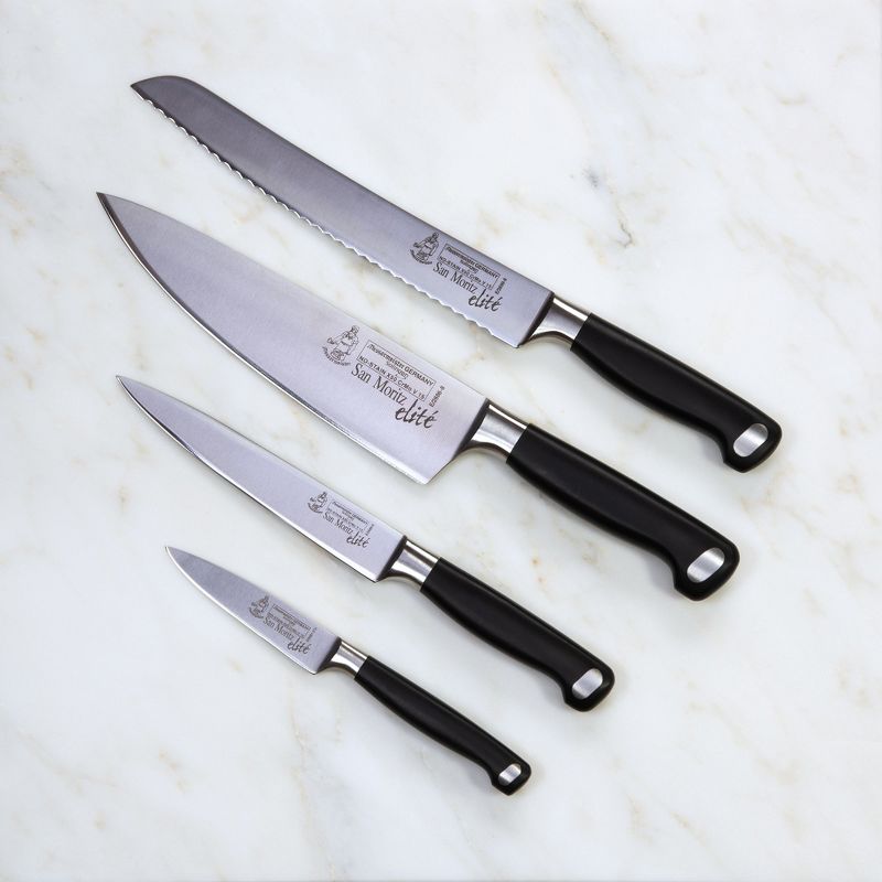 Messermeister San Moritz Elite Professional 4 Piece German 8 Inch Chef, 6 Inch Utility, Bread Knife, and 3.5 Inch Parer Multi Purpose Kitchen Knife