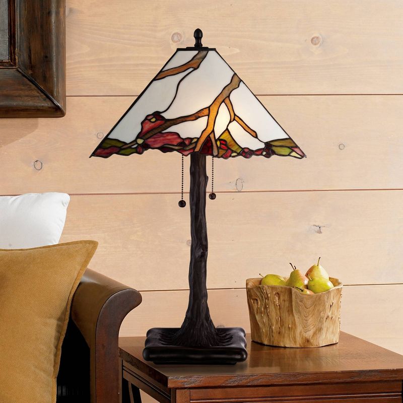 Robert Louis Tiffany Table Lamp Dark Bronze Cherry Blossom Stained Glass Shade for Living Room Family Bedroom Bedside Nightstand