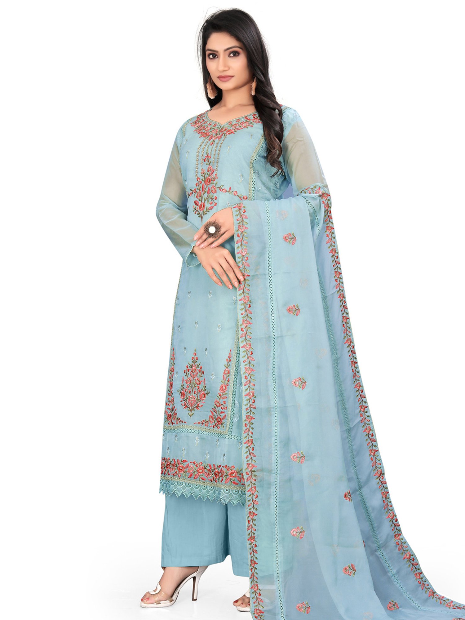 Stylee LIFESTYLE Light Blue Embroidered Unstitched Dress Material