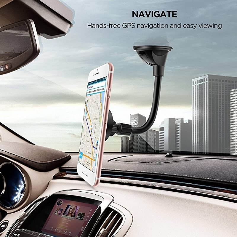 Long Arm Universal Magnetic Cradle Windshield Dashboard Cell Phone Mount Holder with 4 Metal Plates, Soft Firm Goose Arm and Enhanced Suction Cup