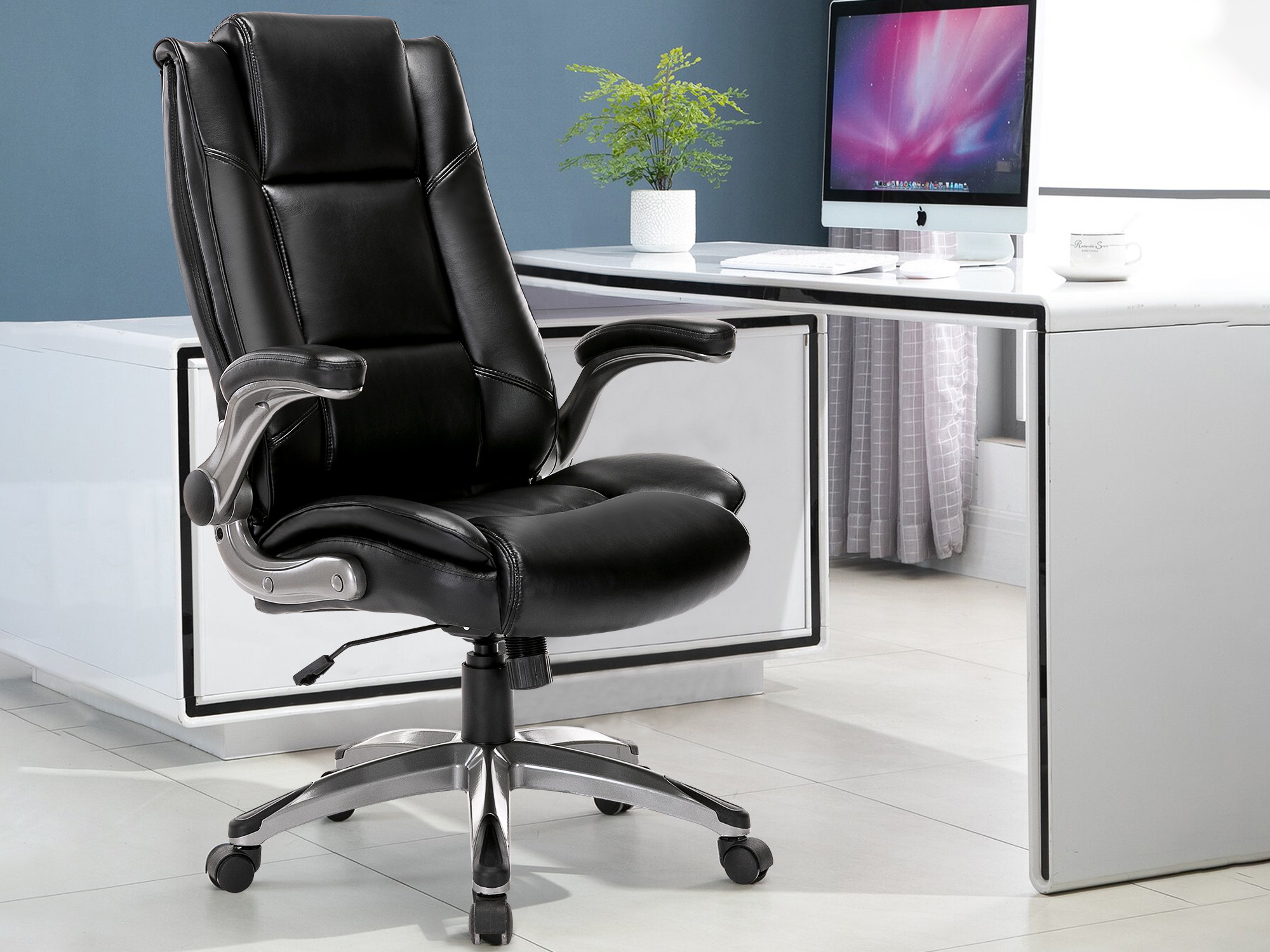 STARSPACEHigh Back Bonded Leather Ergonomic Office Chair Executive Swivel Computer Desk Chair Flip Up Arms and Adjustable Tilt Angle Swivel Chair with Thick Padded Armrest and Headrest for Home&Office