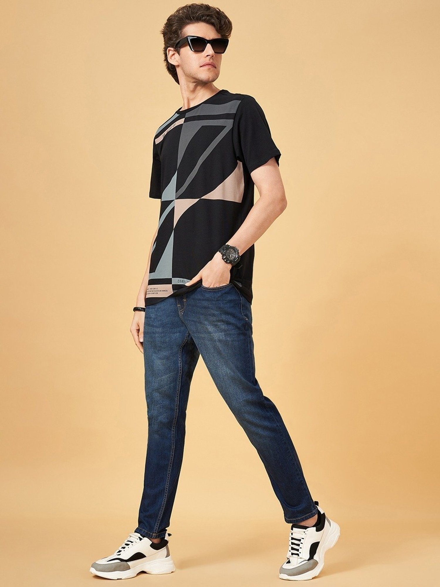 SF Jeans by Pantaloons Jet Black Cotton Slim Fit Printed T-Shirt