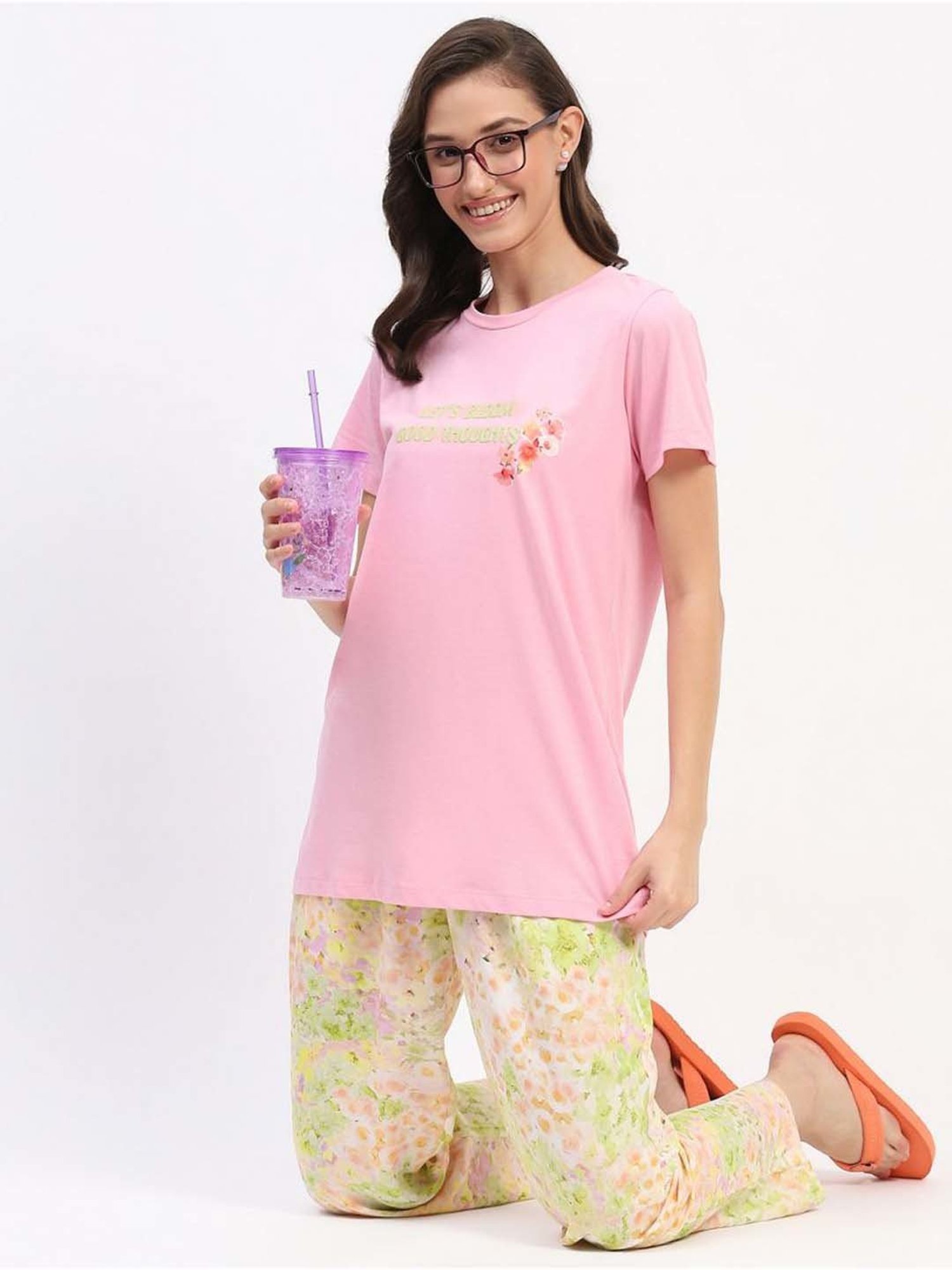 MADAME M Secret Pink Printed T-Shirt Pyjamas Set