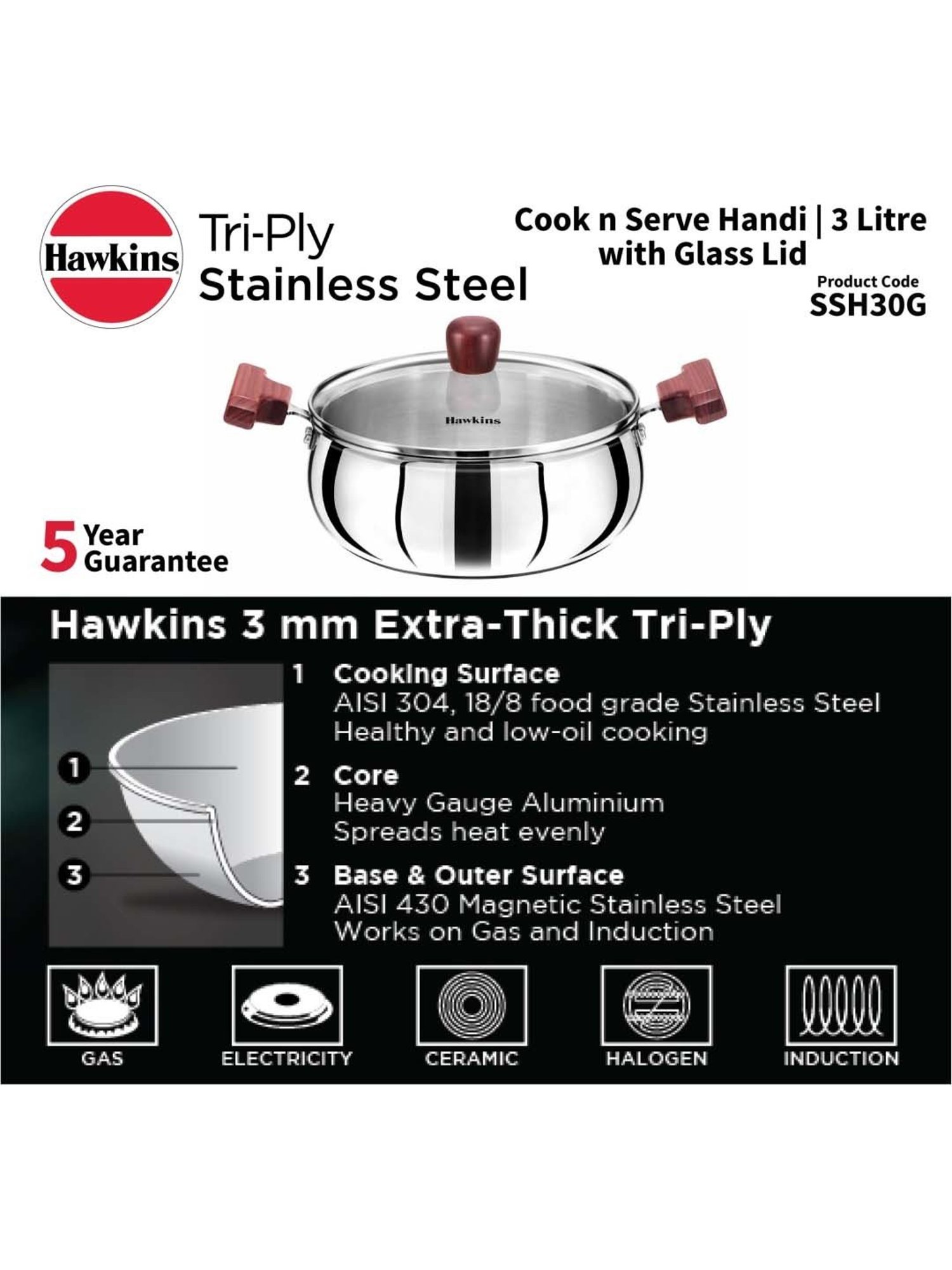 Hawkins Silver & Transparent Stainless Steel 19 cm Gas Compatible Handi With Lid (2 L) - Set of 1
