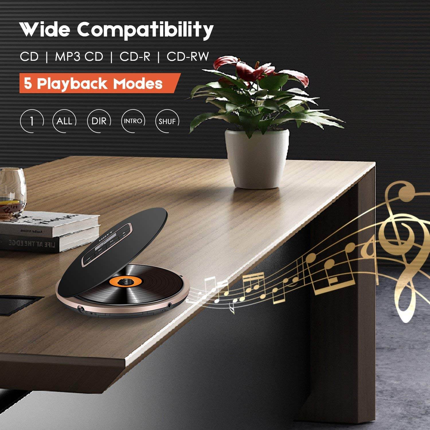 Portable CD Player HOTT Personal Compact Disc Player LCD Display with Stereo Earbuds Electronic Skip Protection Anti-Shock Function Black