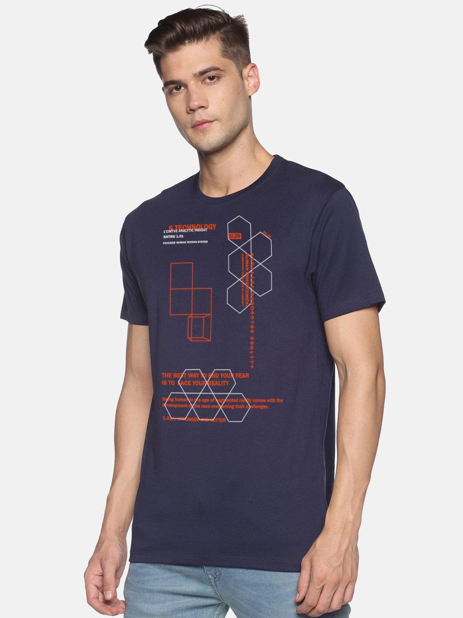 BLACK RADIO Navy Slim Fit Printed Cotton Crew T-Shirt