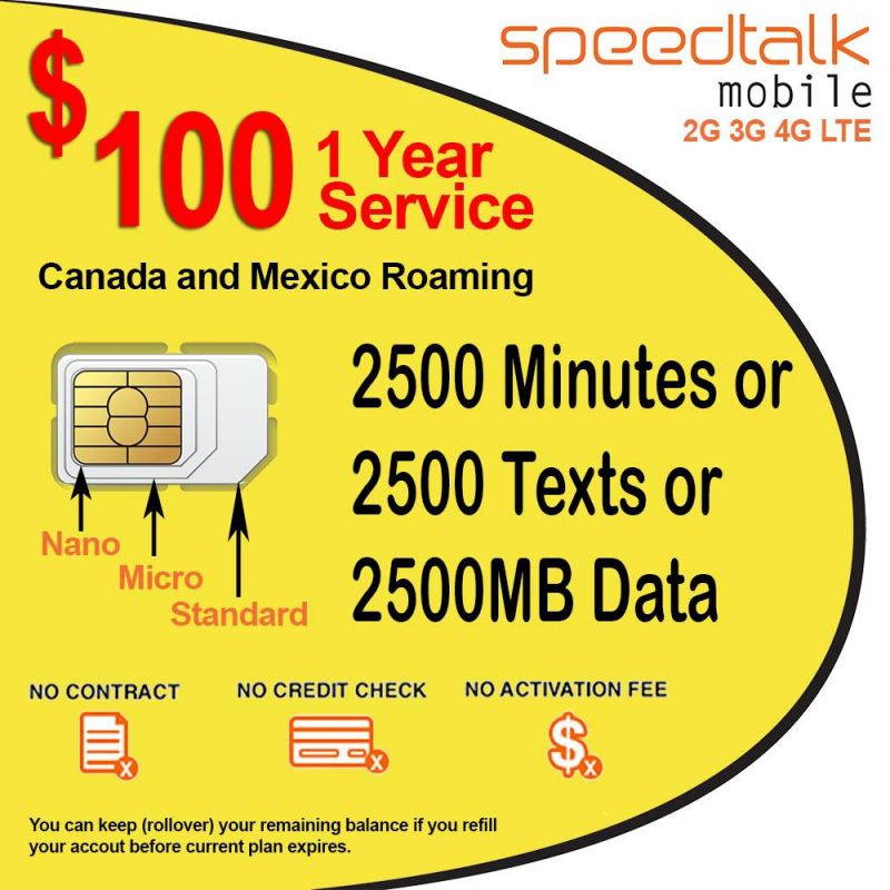 1 Year Prepaid GSM Mobile SIM Card - Rollover 2500 Minutes TALK, TEXT and DATA