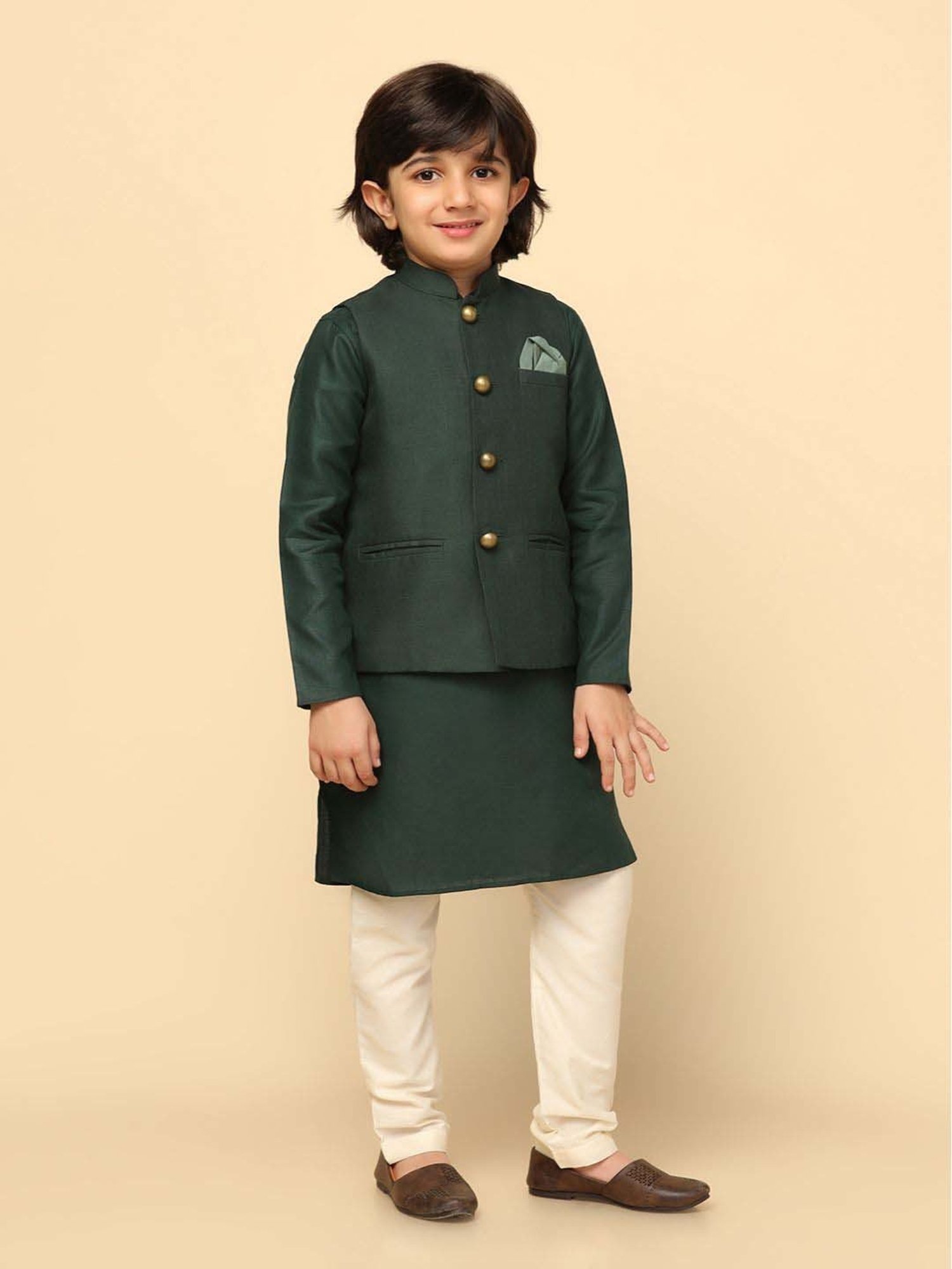 KISAH Kids Green & White Regular Fit Full Sleeves Kurta Set