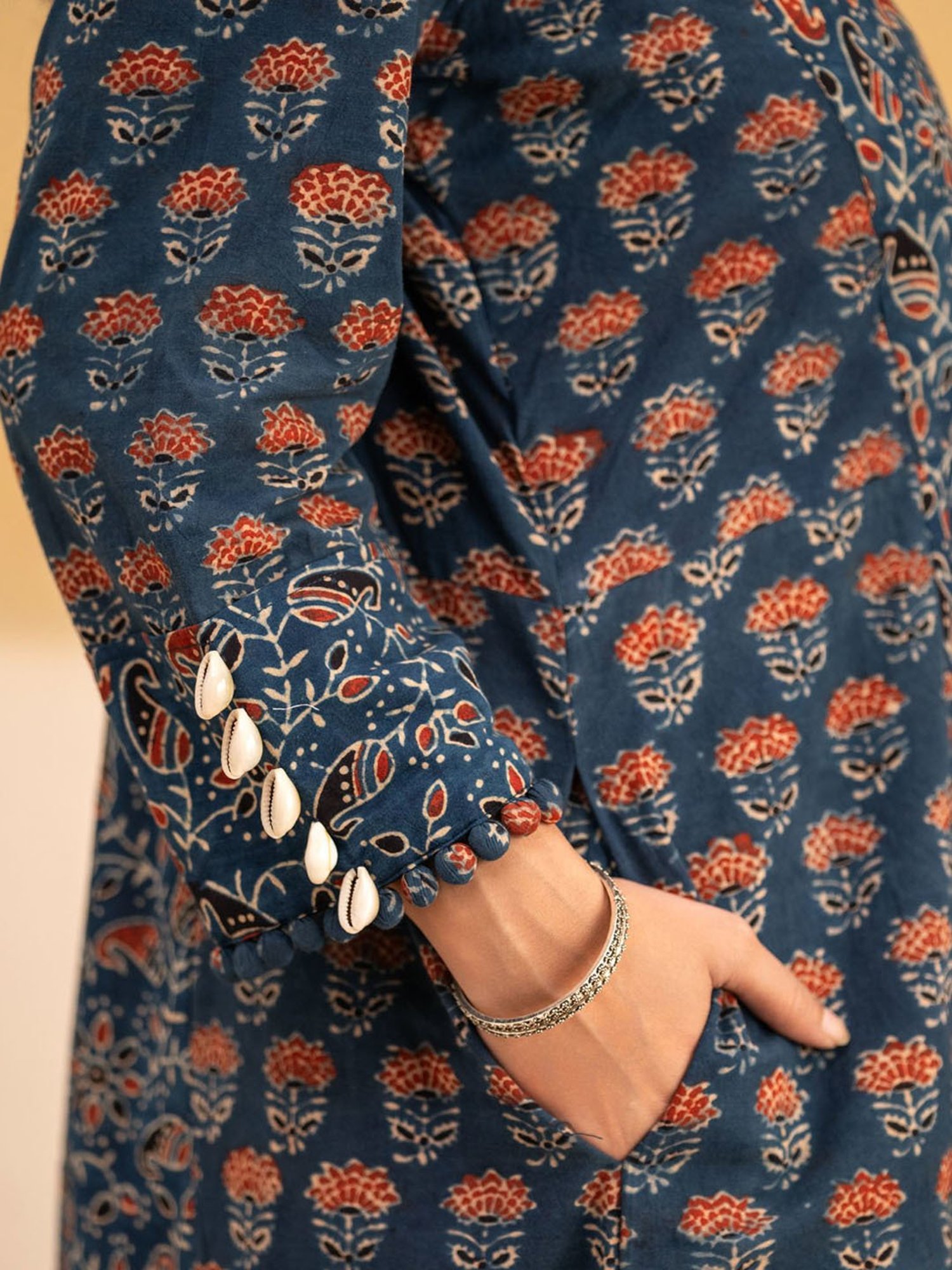 Love Chic Ajrakh A-Line Kurta with cowrie shells and crochet lace detailing