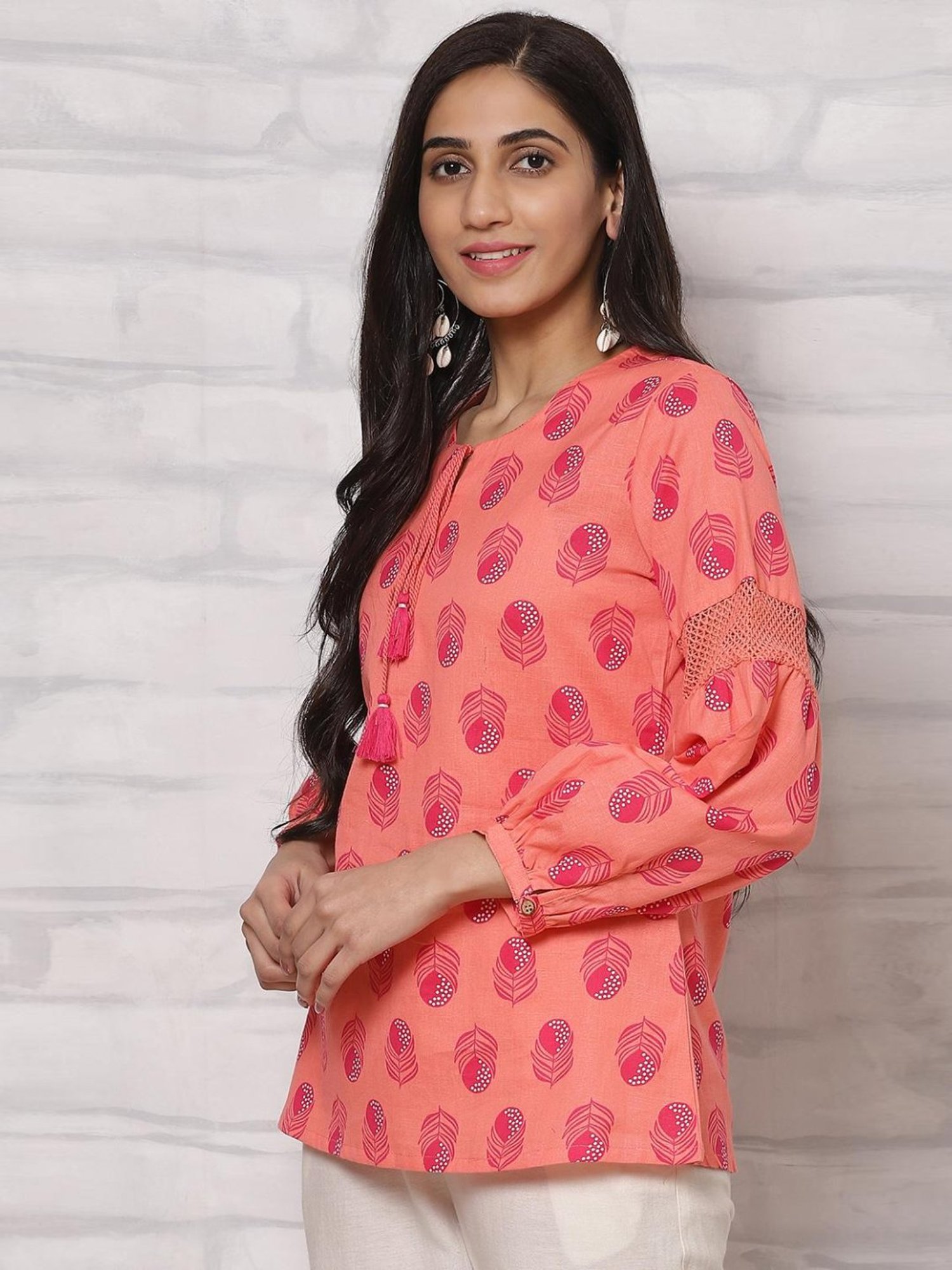 Rangriti Coral Cotton Printed Top