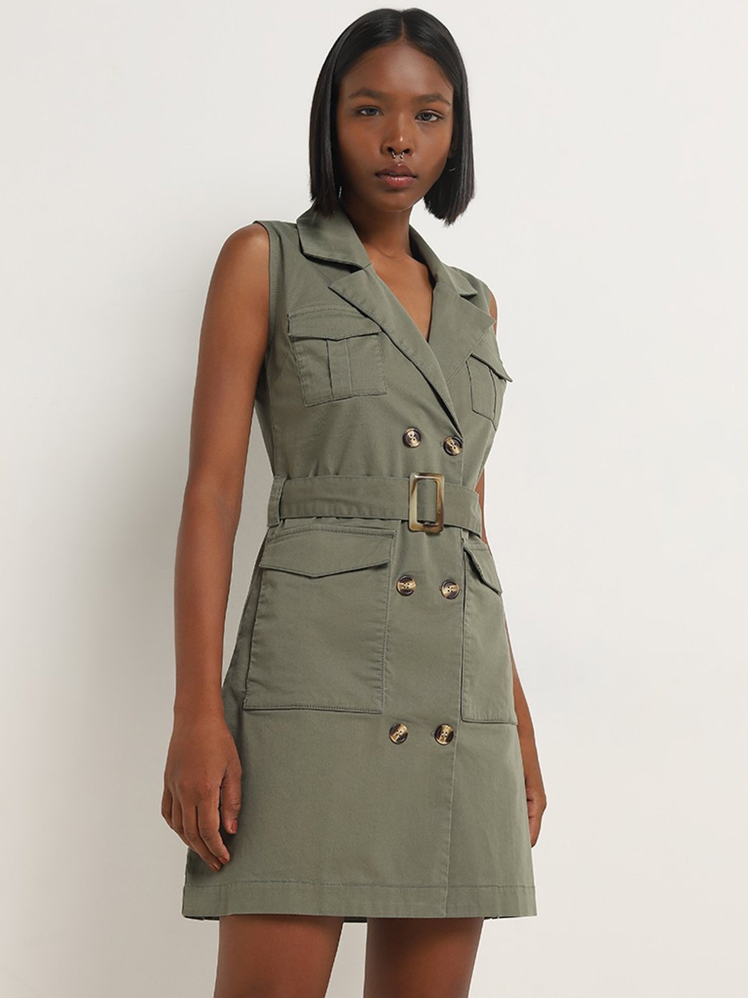 Nuon by Westside Olive Cotton Shirt Dress with Belt