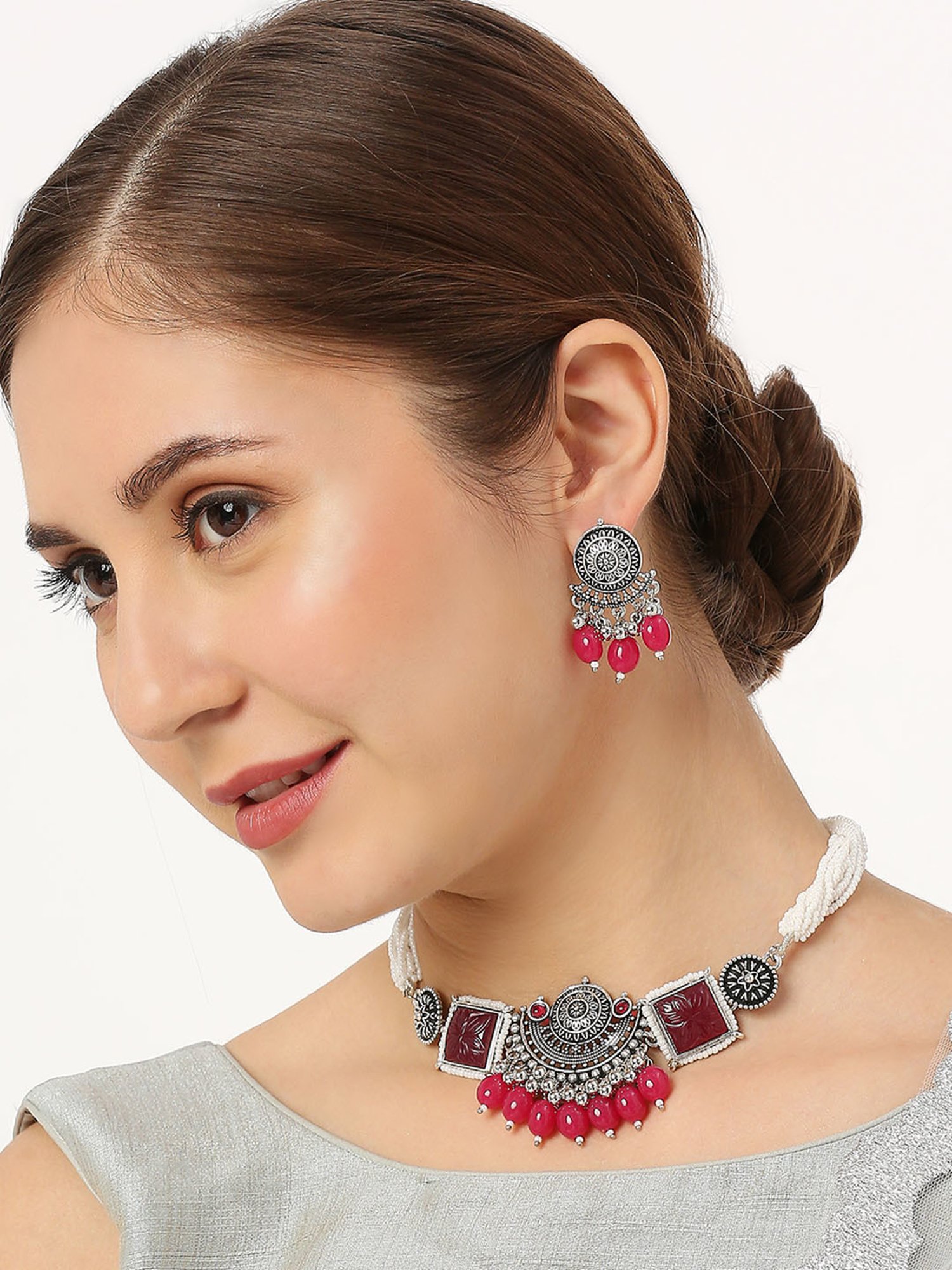 OOMPH Oxidized Silver Tone Maroon PinkJaipur Stone Choker Necklace Set with Drop Earrings