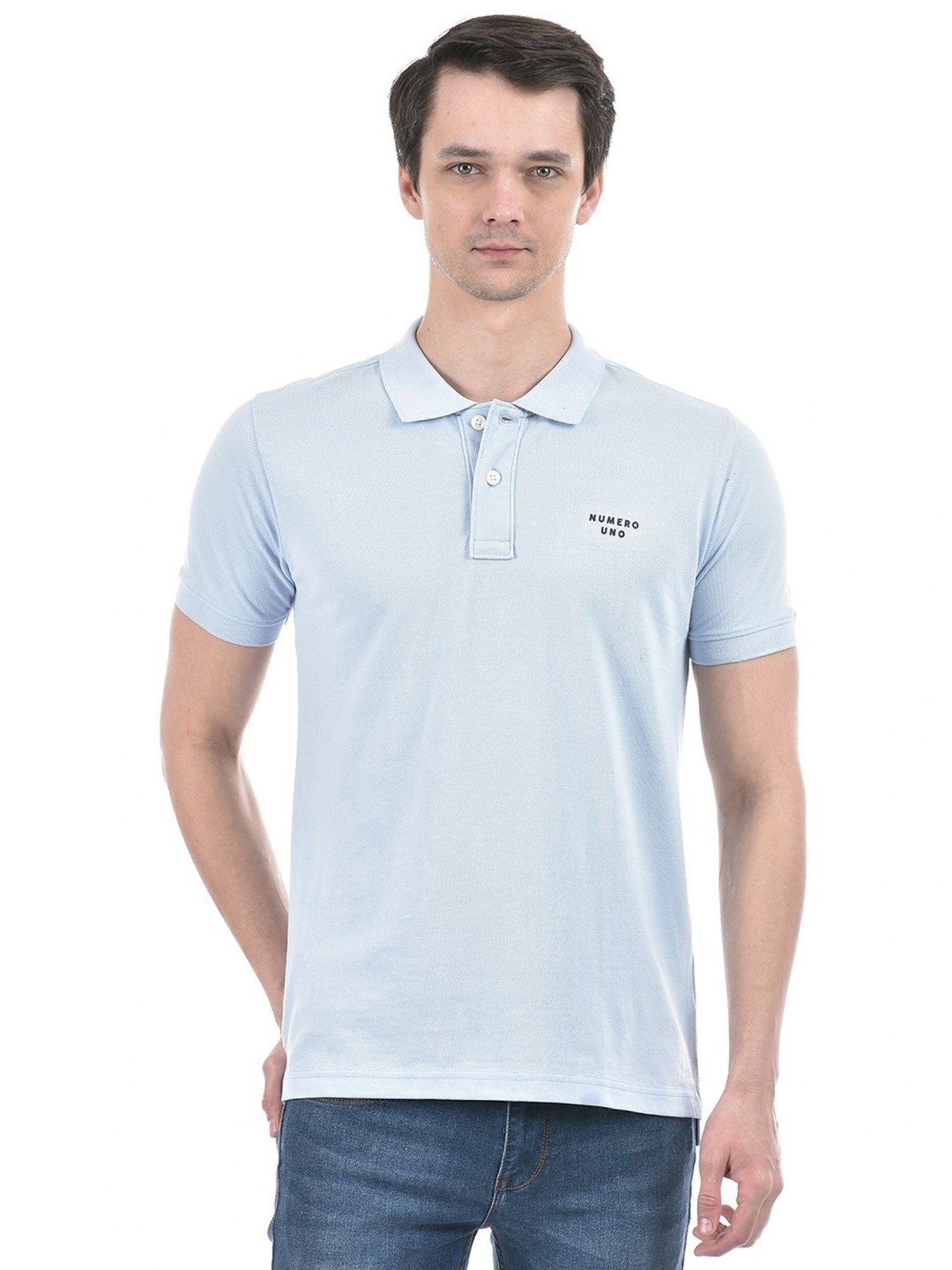 Numero Uno Powder Blue Cotton Slim Fit Polo T-Shirt