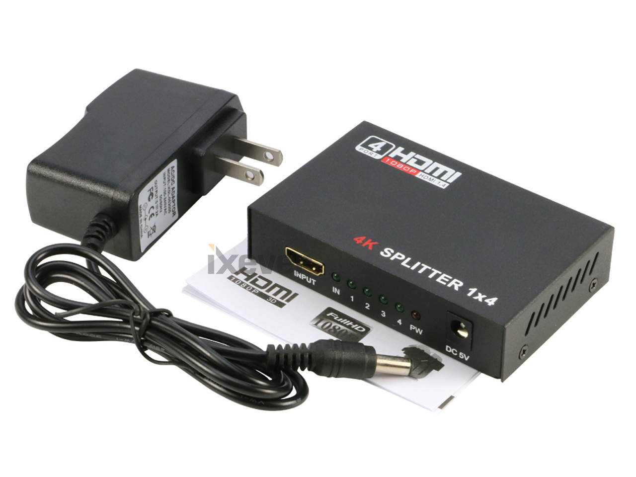 HDMI Splitter 1 in 4 Out V1.4b, iXever Powered HDMI Video Splitter with AC Adapter Duplicate/Mirror Screen Monitor Supports Ultra HD 4Kx2K@30Hz 1080P and 3D Resolutions (1 Input to 4 Outputs)