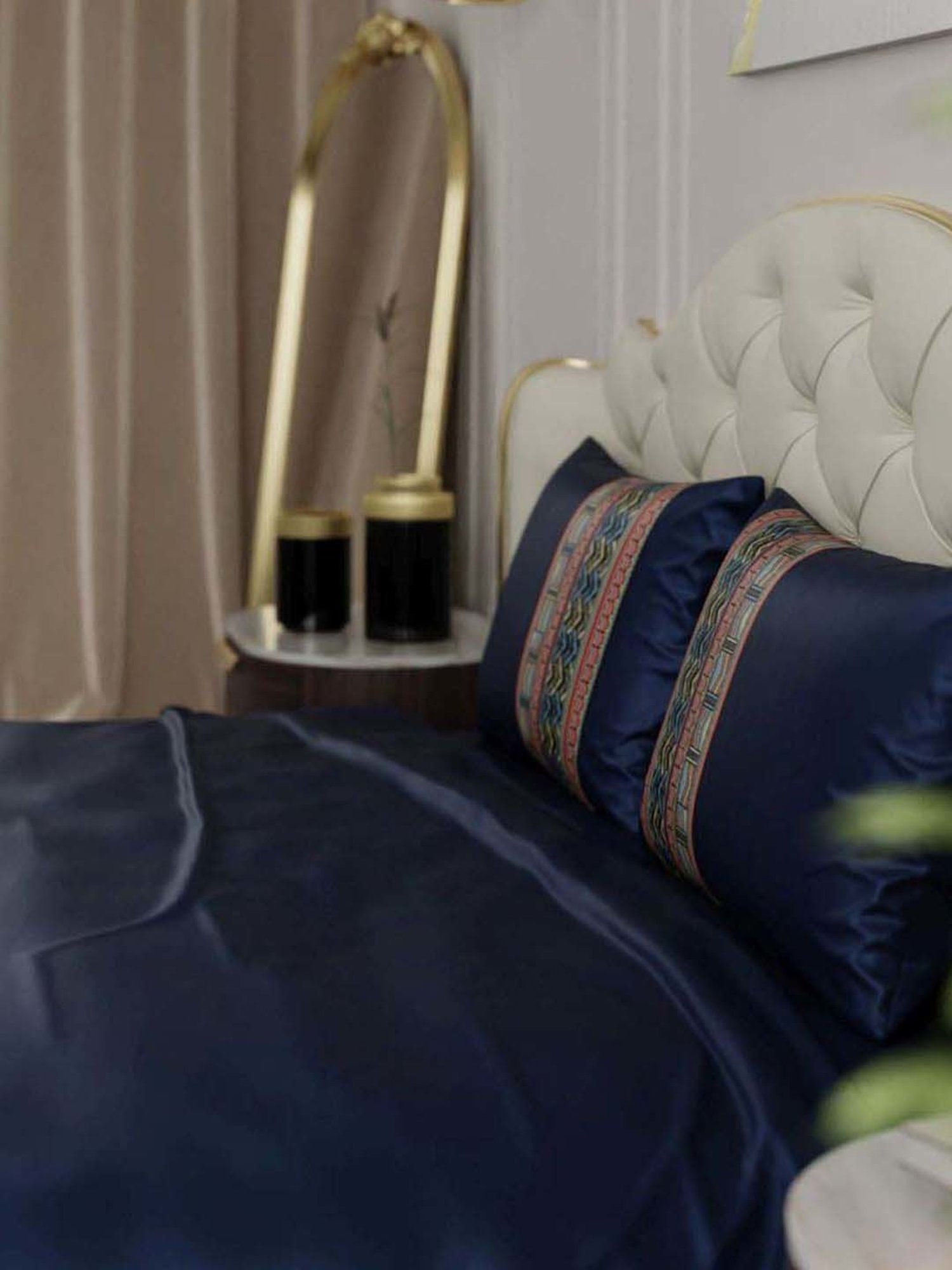 Stoa Paris Navy Polyester 300 TC Regal Renaissance Double Bed Sheet With 2 Pillow Covers