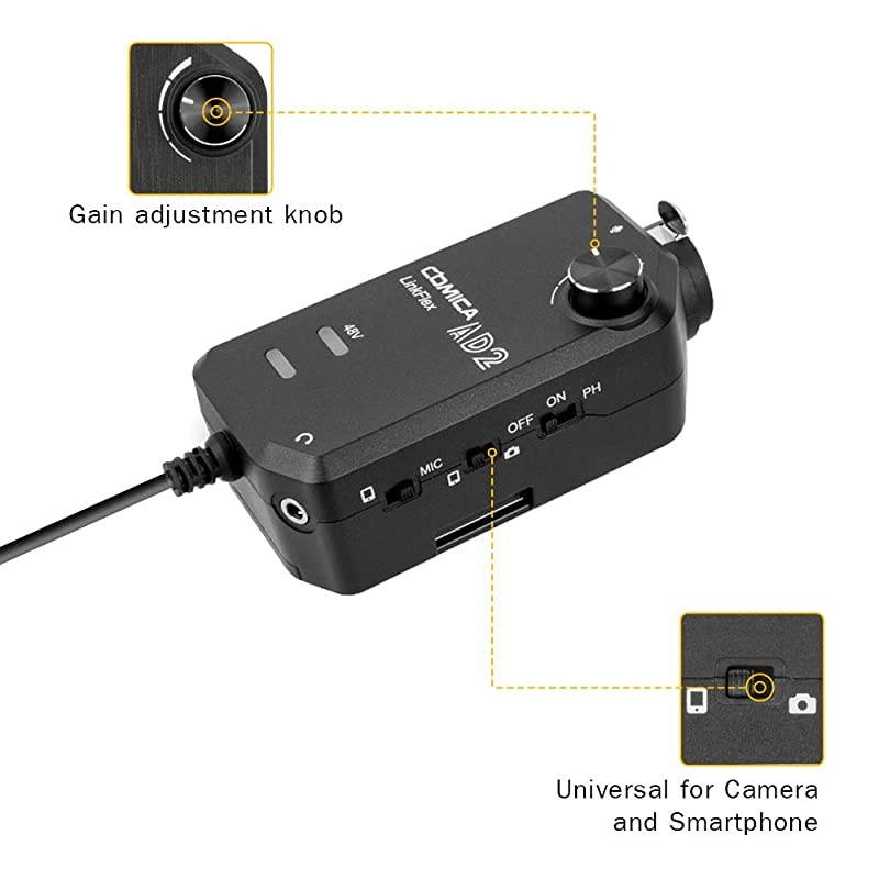Preamp Adapter Comica LINKFlEX AD2 XLR 635MM Microphone Preamp Amplifier with 48V Phantom Power Guitar Interface Adapter for iPhoneiPadAndroid Smartphone and DSLR Cameras