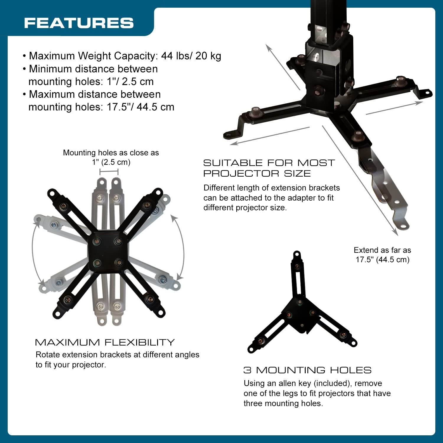 QualGear QG-PM-002-BLK Universal Projector Ceiling Mount, Black