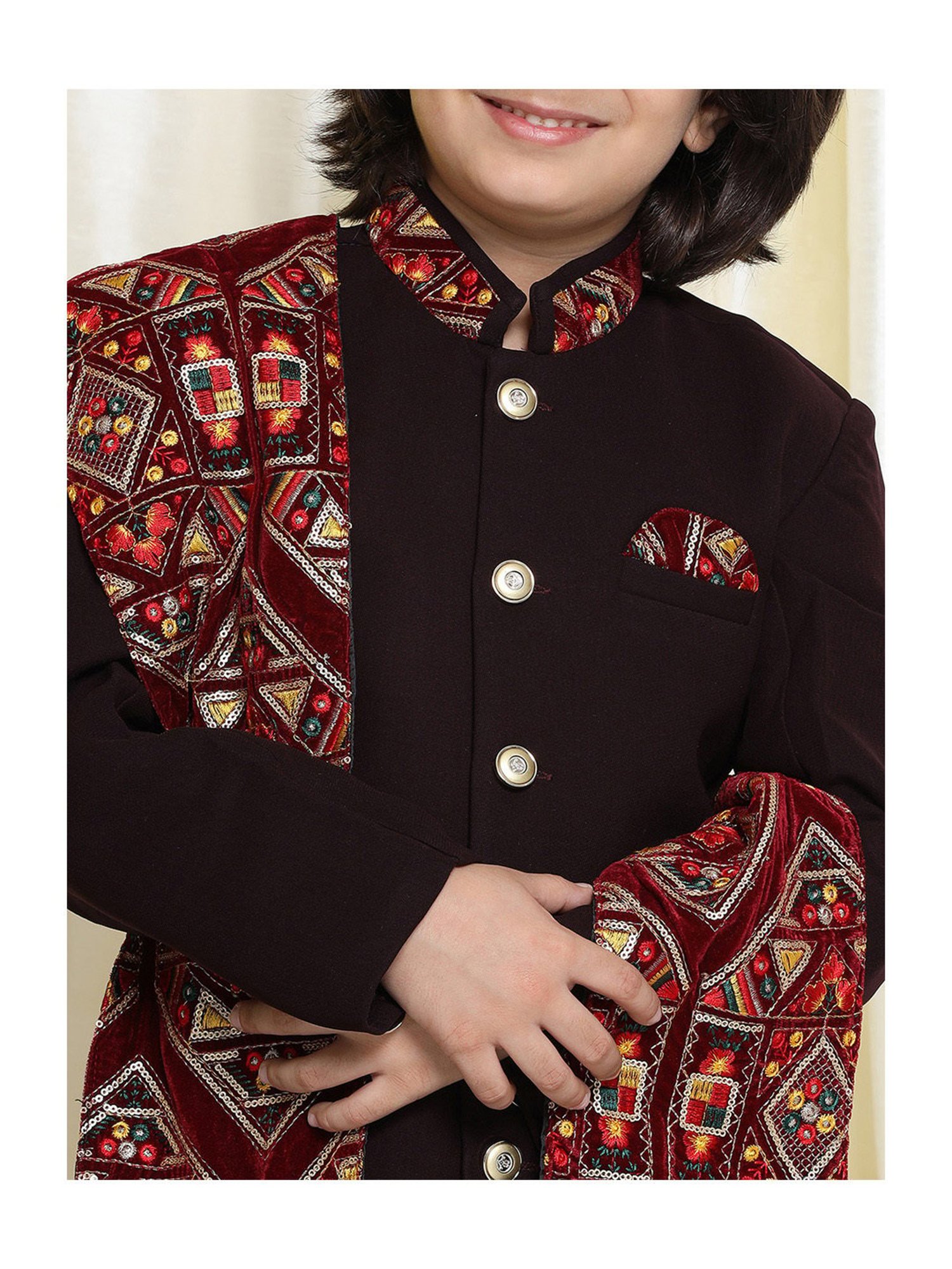 AJ Dezines Kids Maroon & Gold Embroidered Full Sleeves Sherwani, Pyjamas with Dupatta