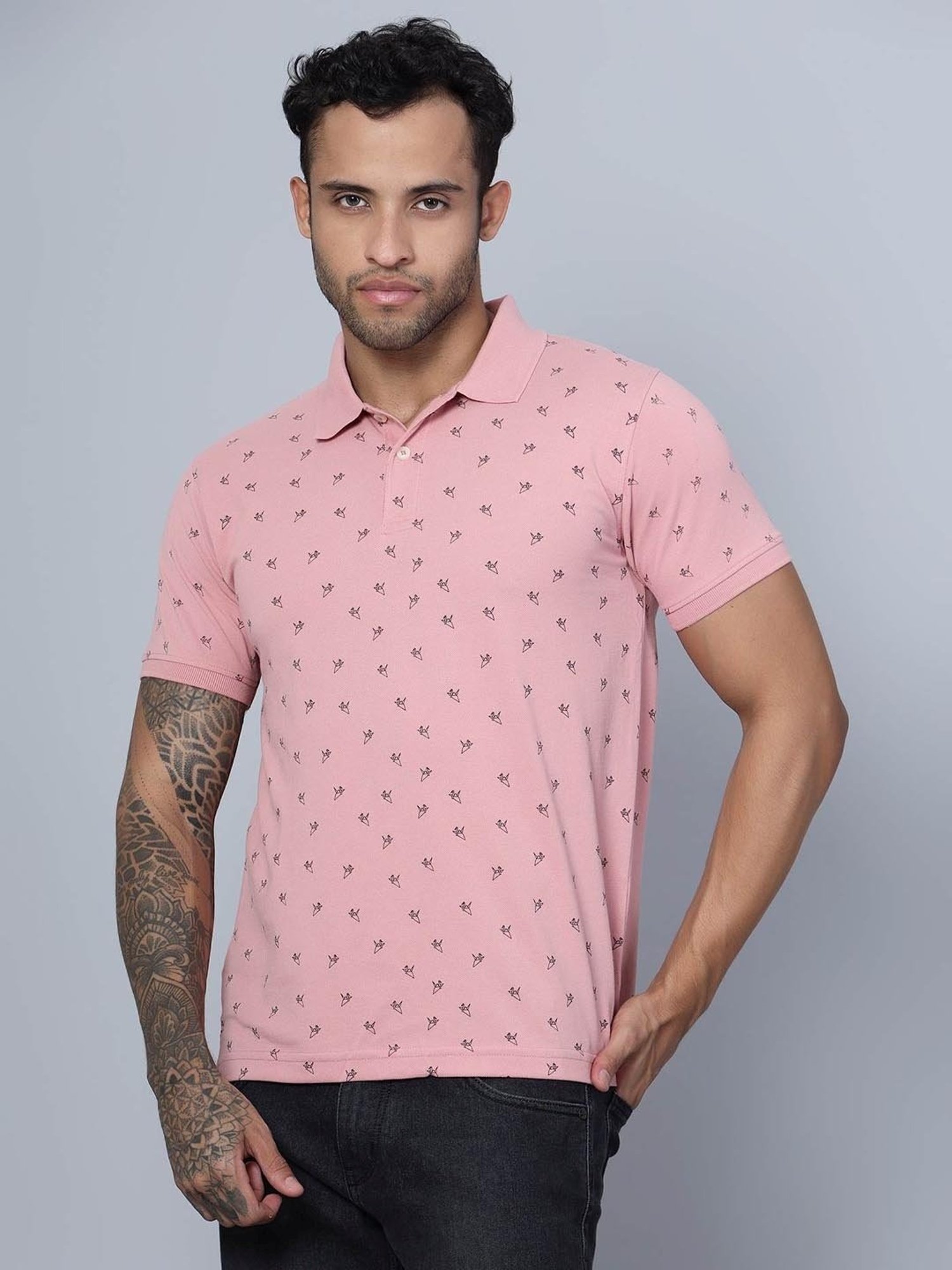 Cantabil Pink Regular Fit Printed Polo T-Shirt