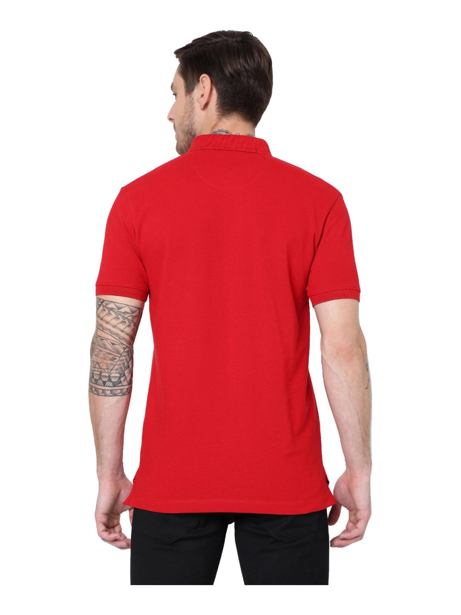 Mufti Red Cotton Slim Fit Self Pattern Polo T-Shirt