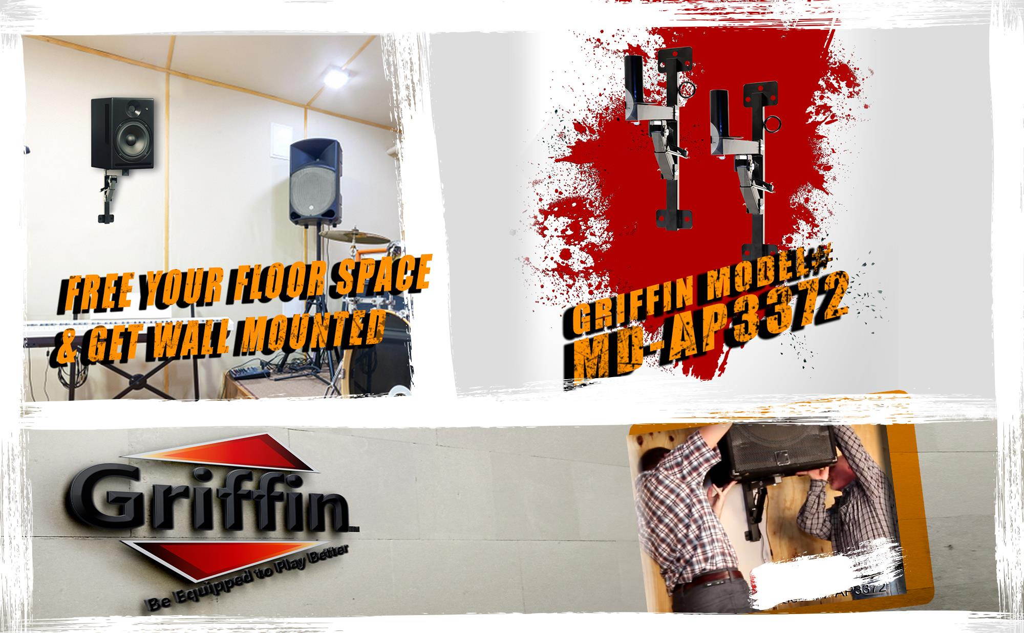 Premium PA Speakers Wall Mount Brackets By GRIFFIN | Set Of 2 All Steel Pro-Audio Speaker 35mm Pole Holder | Securing Locking Pin & 3 Horizontal Level Tilt Adjustments | On Stage Studio Monitor Stands