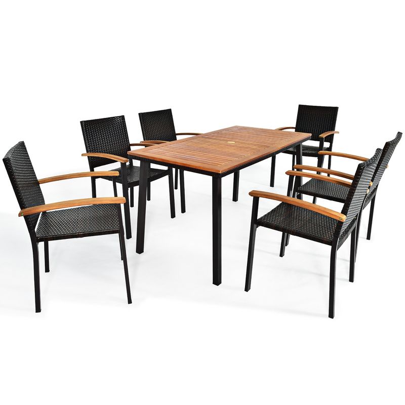 Costway 7 PCS Patio Rattan Dining Set Acacia Wood Table Top Stackable Chair