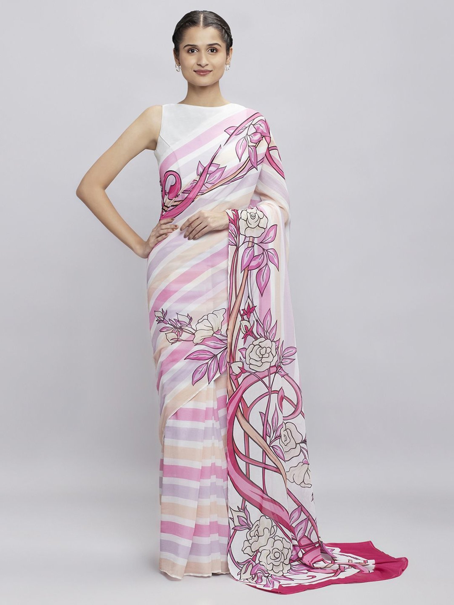 navyasa by liva Pink Rose Printed Saree With Unstitched Blouse