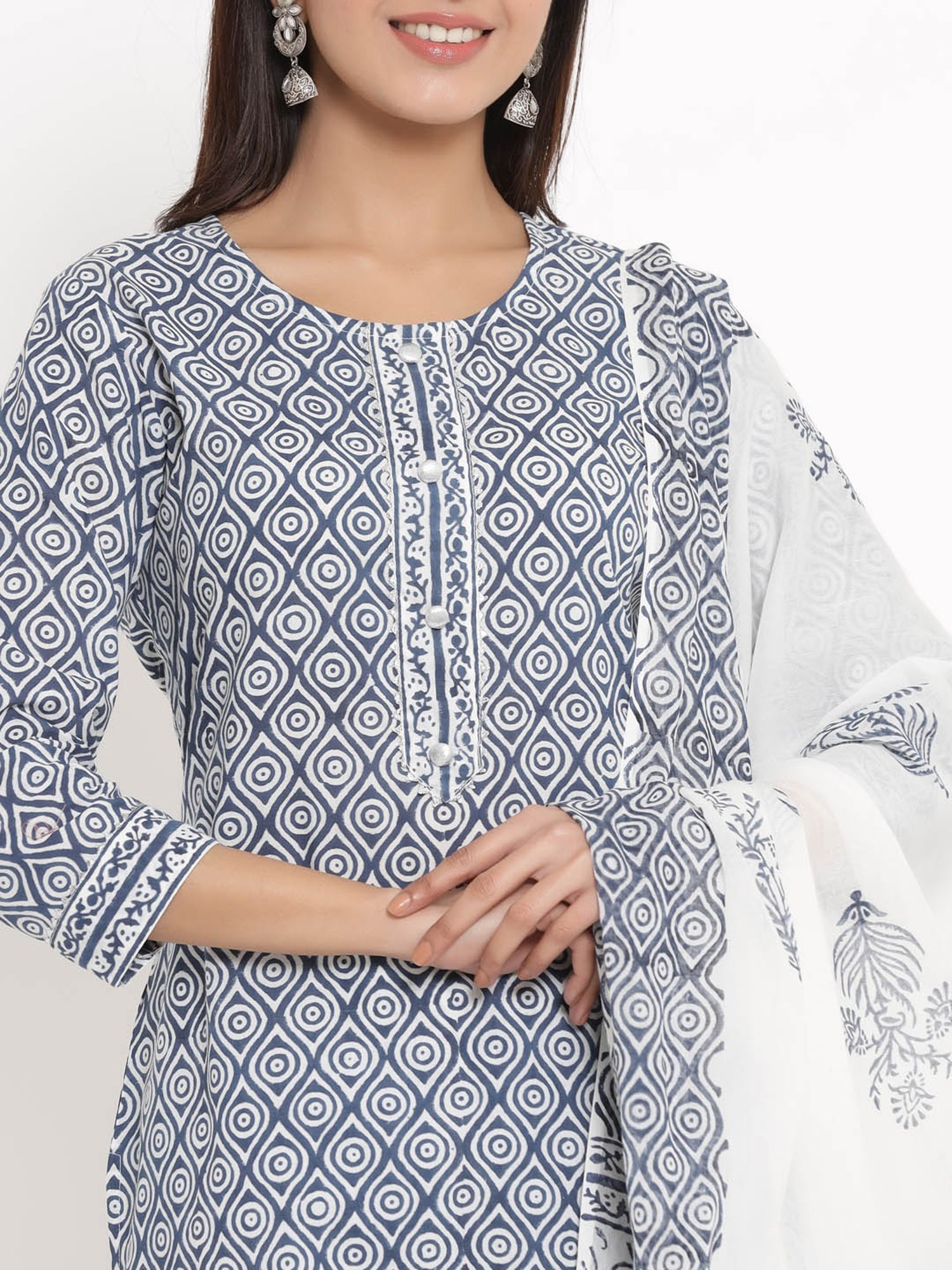 Kipek Blue Cotton Printed Kurta With Palazzo & Dupatta