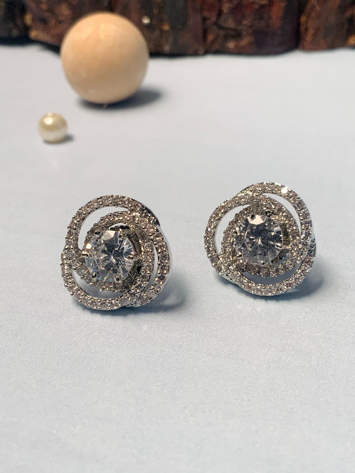 Abdesigns Shiney Silver Plated American Diamond Stud Earrings