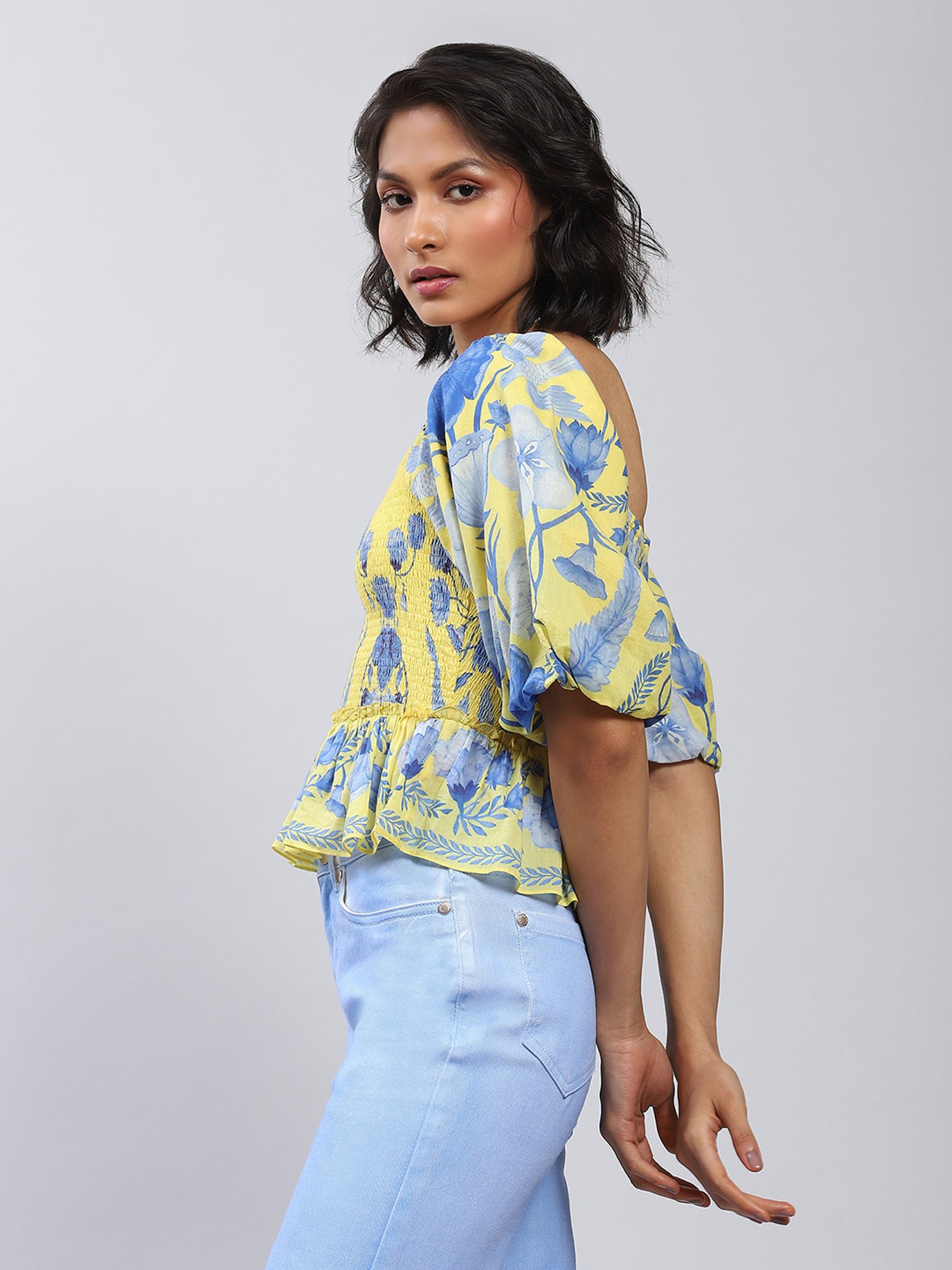 Label Ritu Kumar Yellow Floral Print Peplum Top