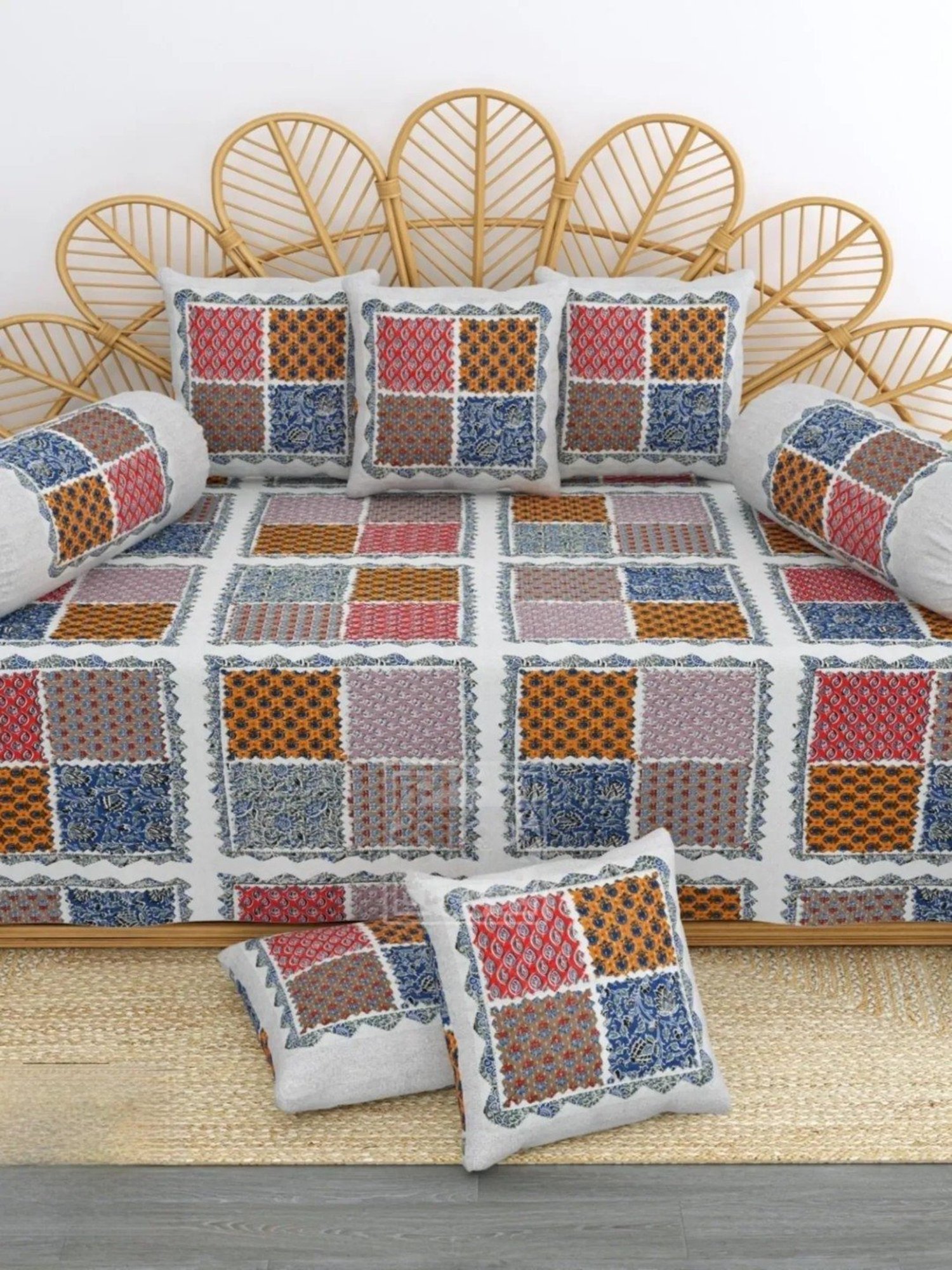 Living Roots Printed Blue 300 TC Cotton Single Diwan - Set of 8