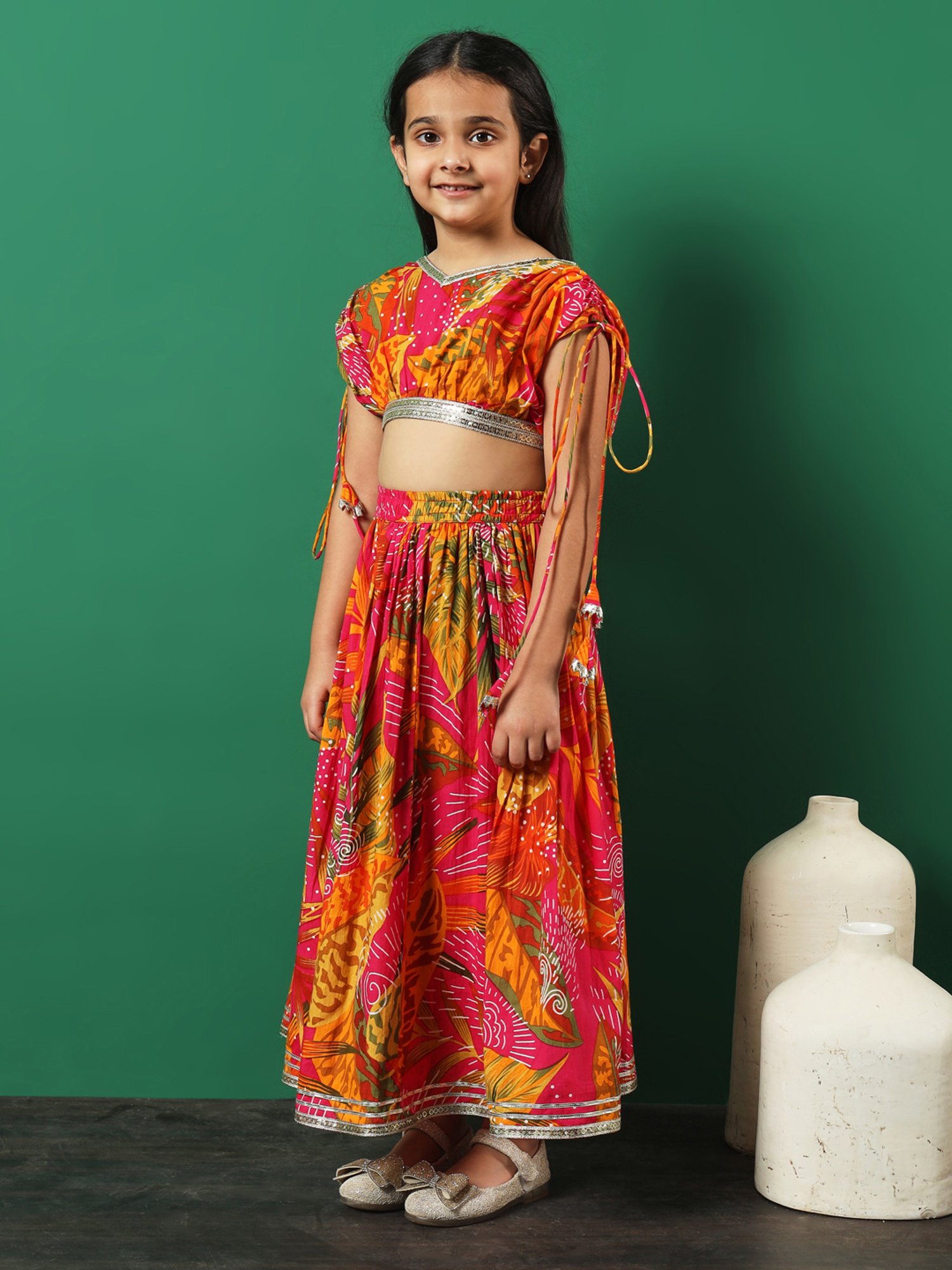 READIPRINT FASHIONS Kids Pink & Yellow Printed Lehenga with Choli