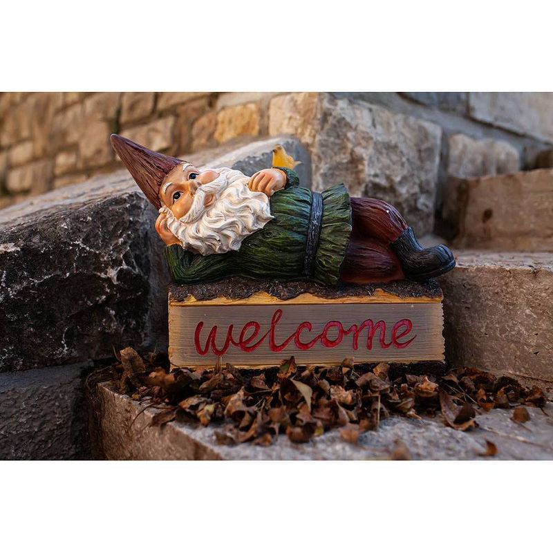 14" Solar Gnome On Welcome Log Resin Statue Green - Exhart