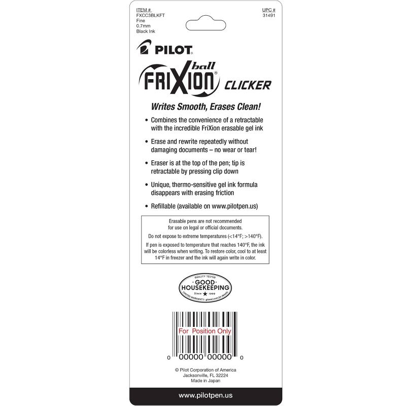 Pilot 3ct FriXion Clicker Erasable Retractable Gel Pens Fine Point 0.7mm Black