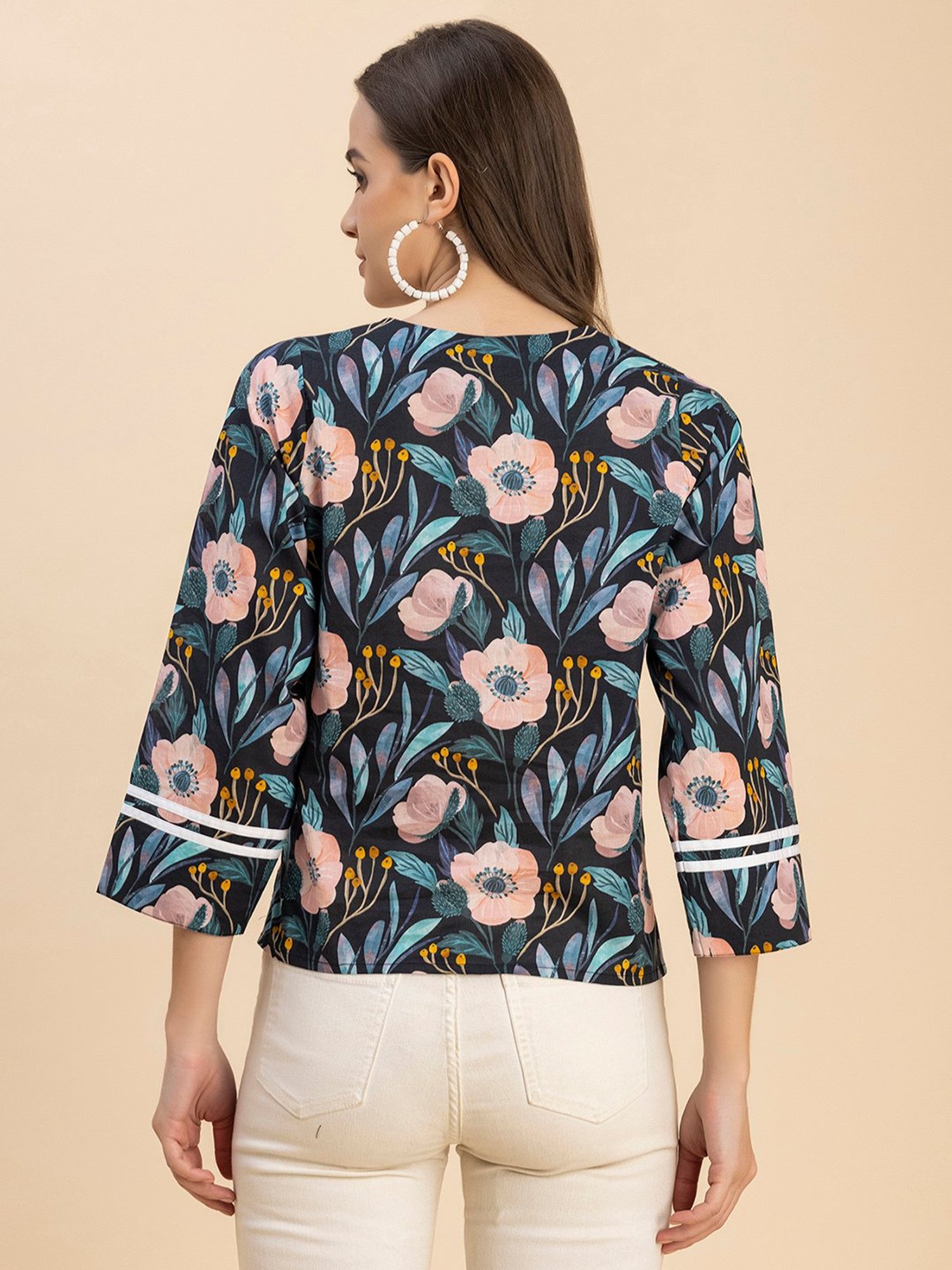 Moomaya Black Cotton Floral Print Top