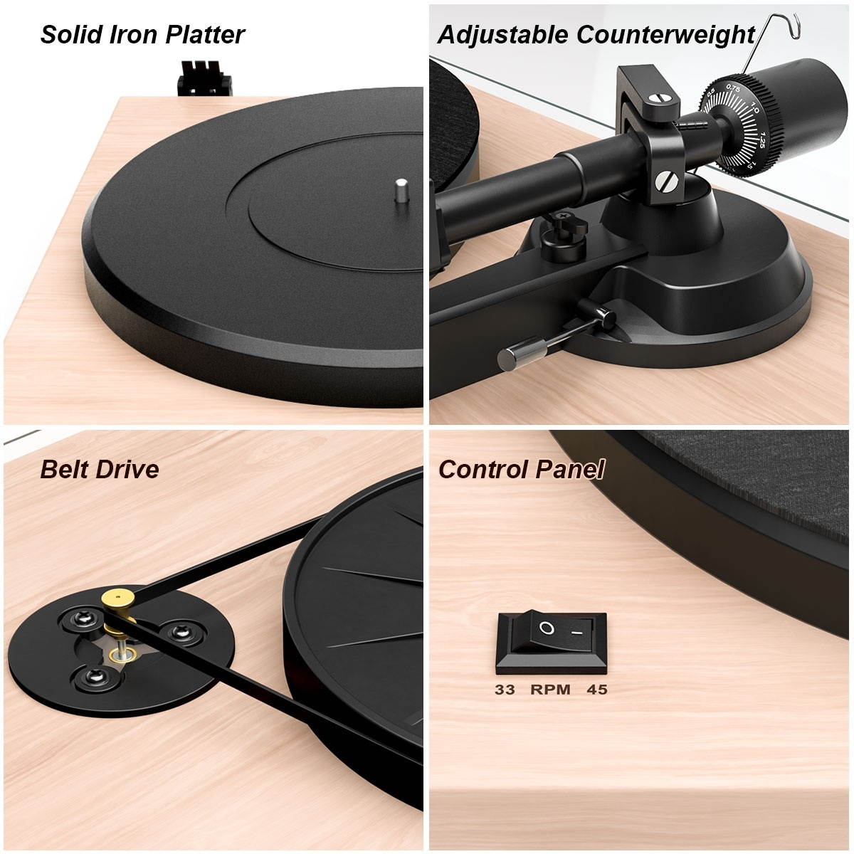 Wooden Record Player Turntable with Built-in Phono Preamp And Belt Drive