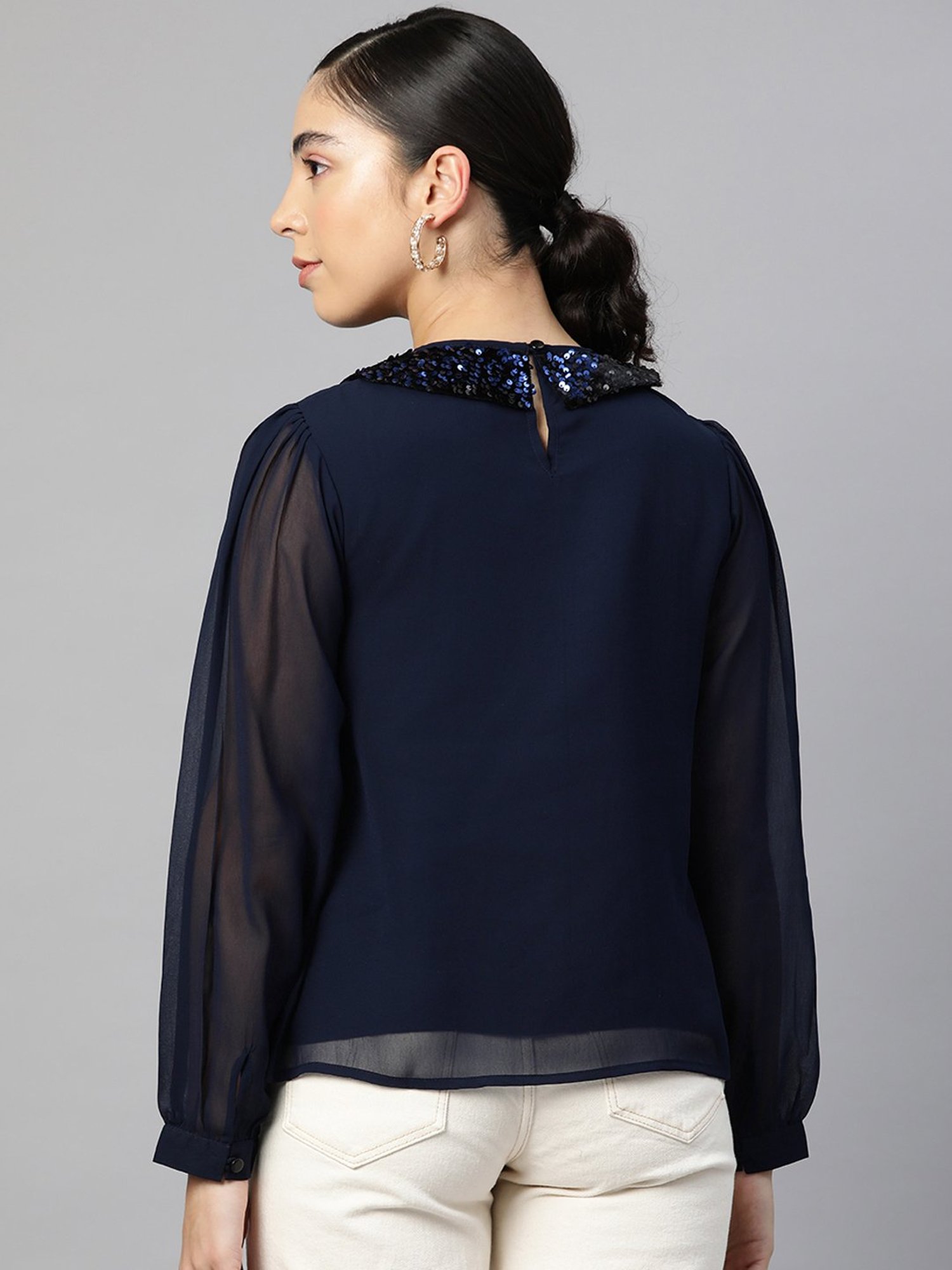 Cottinfab Navy Embroidered Georgette Top